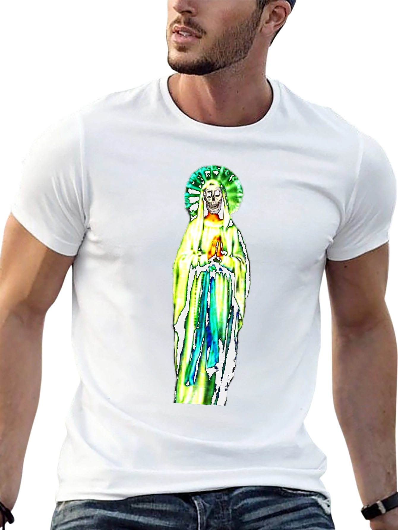 Black T-Shirt with Religious Skeleton Graphic