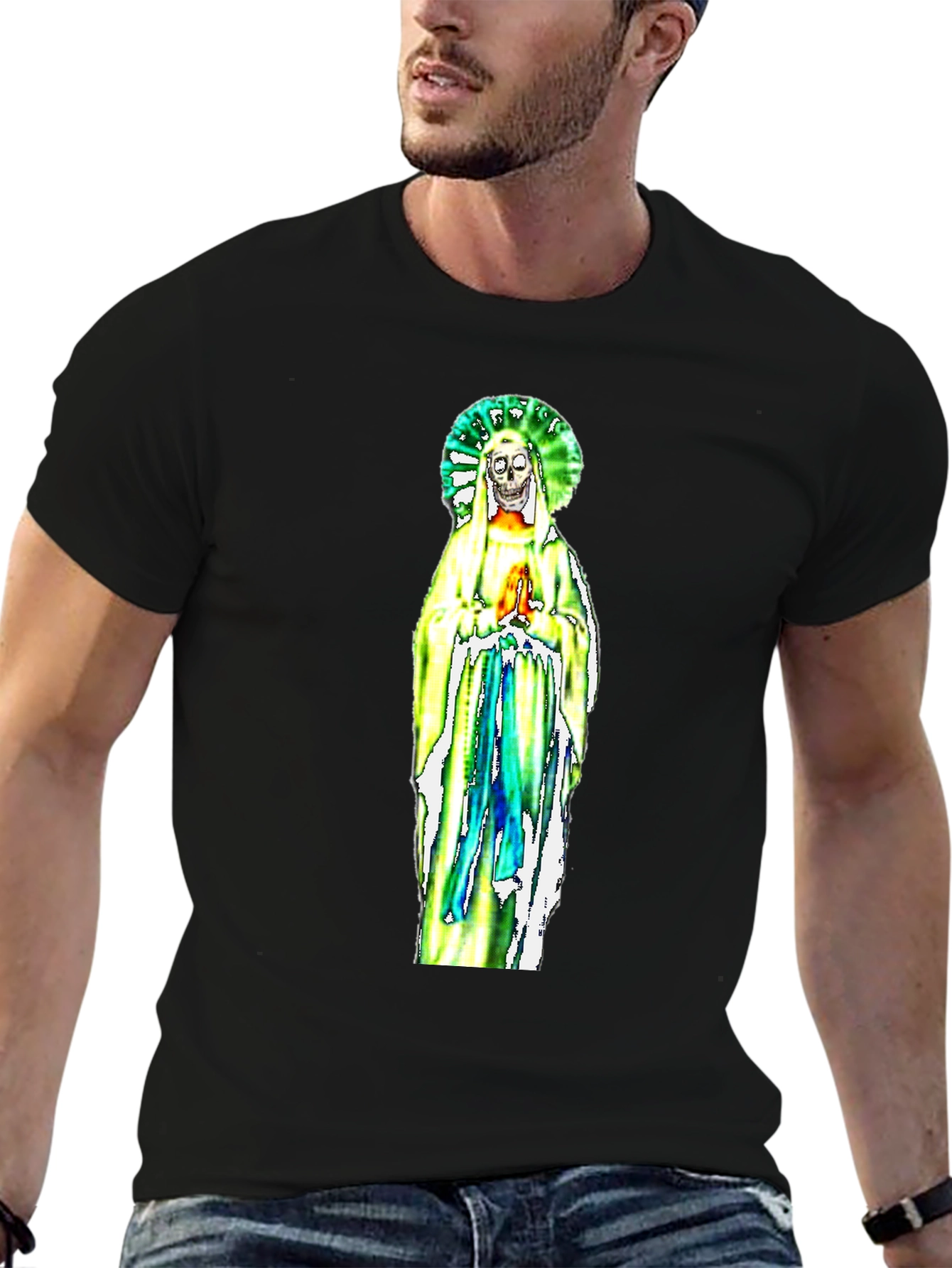 Black T-Shirt with Religious Skeleton Graphic
