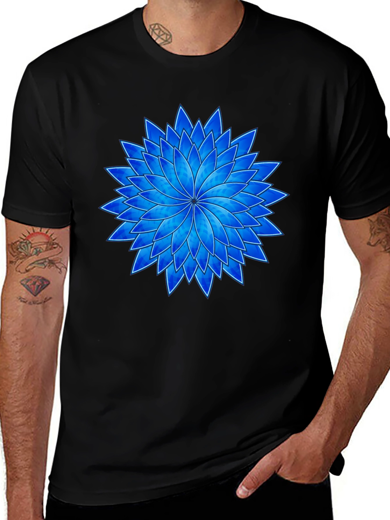 Blue Flower Graphic Black T-Shirt
