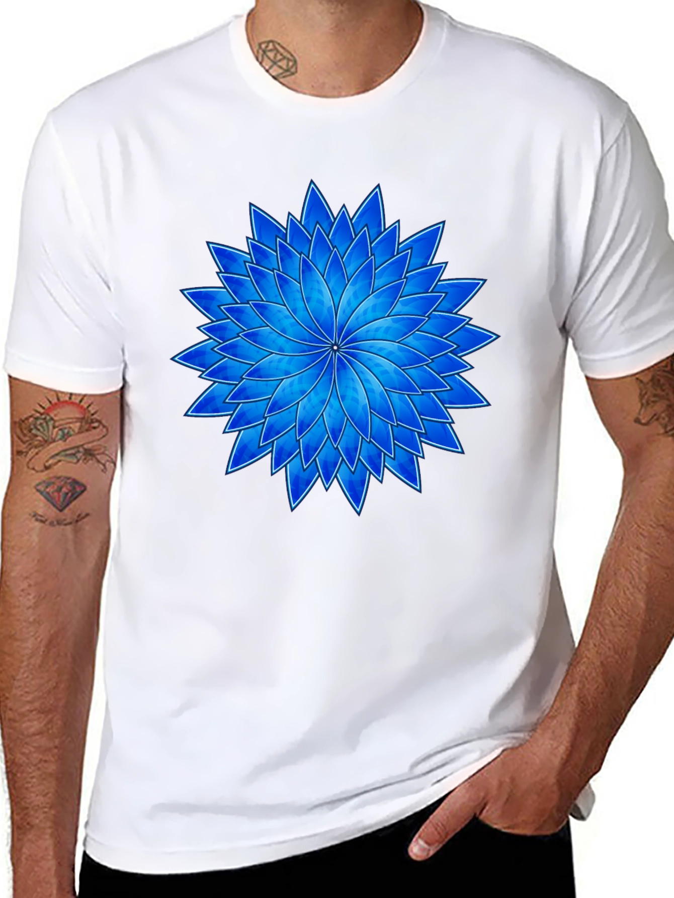Blue Flower Graphic Black T-Shirt