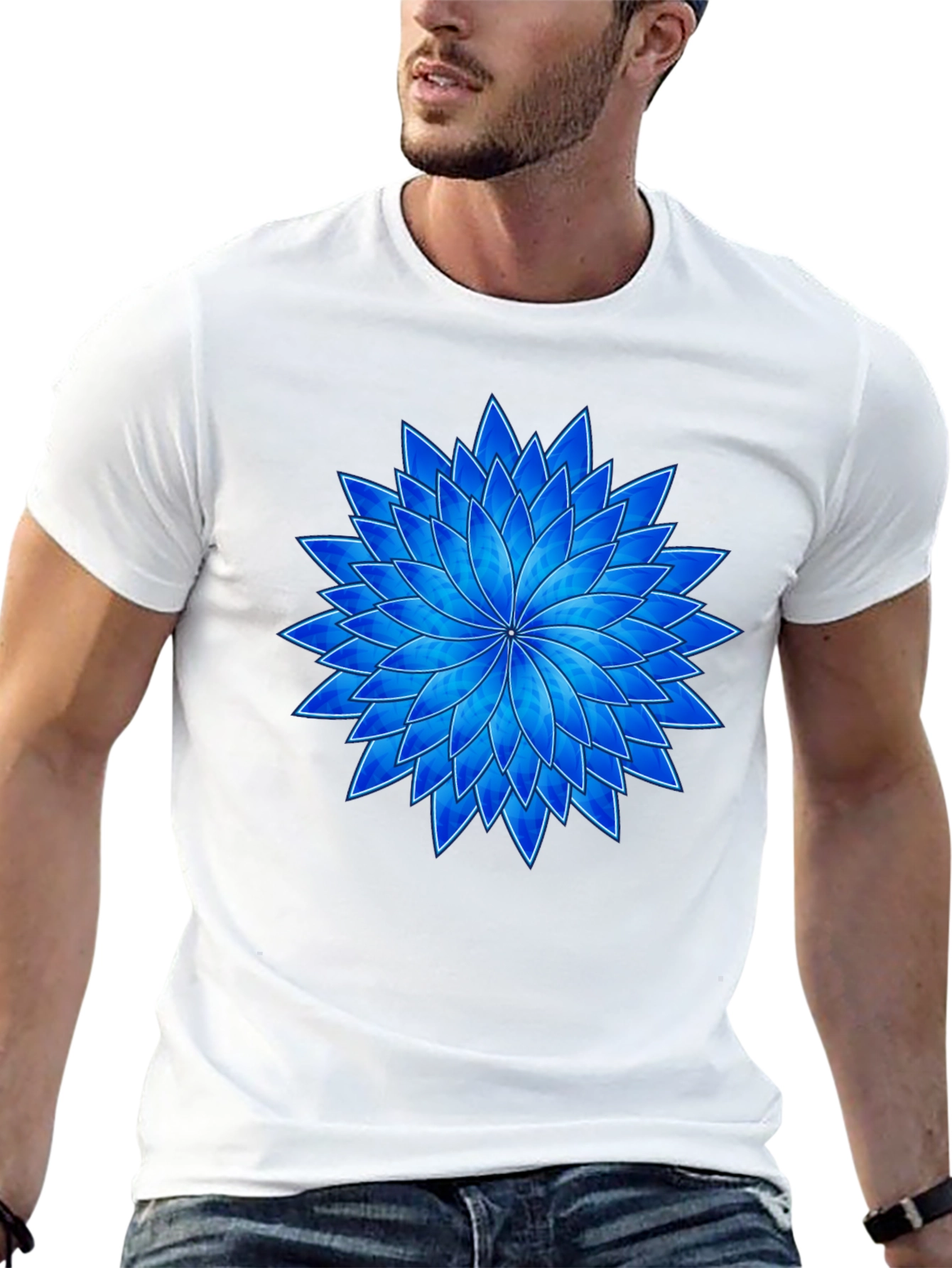 Blue Flower Graphic Black T-Shirt