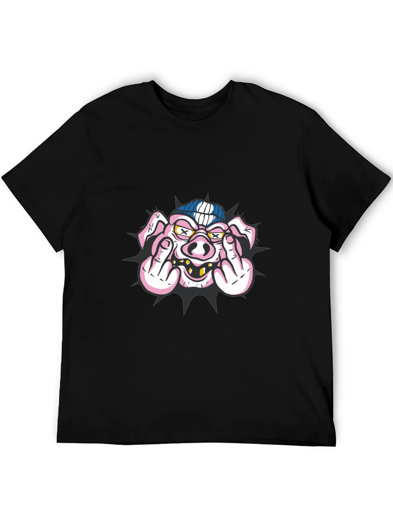 Pig Flip-Off Graphic Tee - Black Cotton Blend