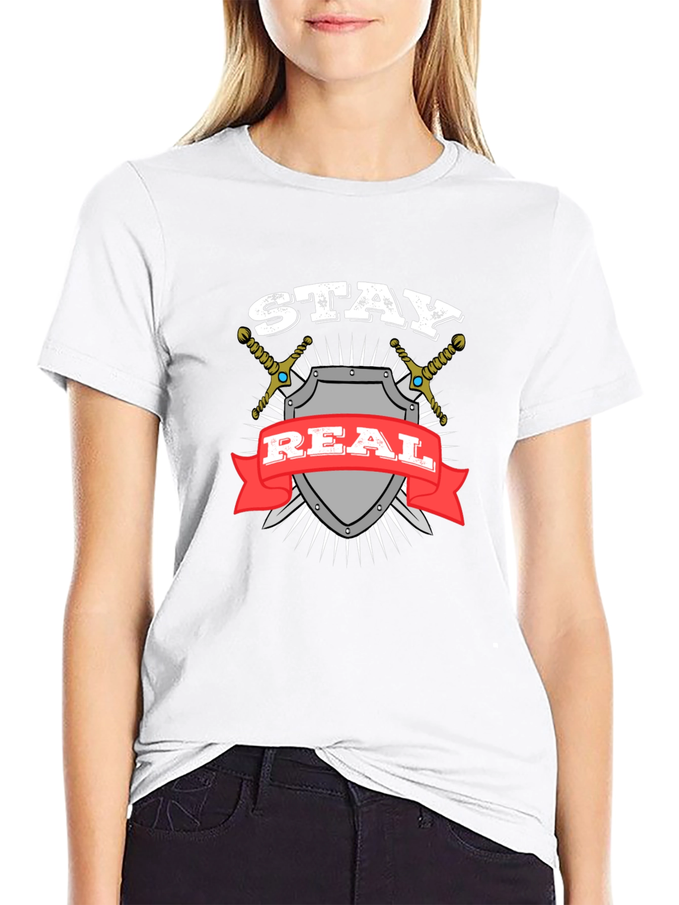 Stay Real T-Shirt Shield Swords Black Cotton