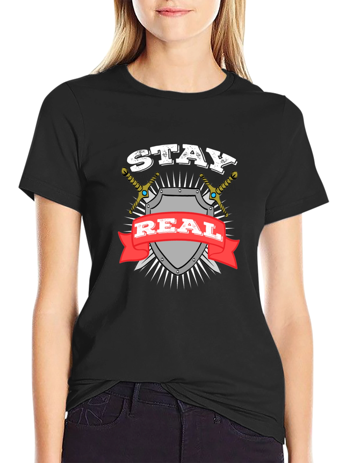 Stay Real T-Shirt Shield Swords Black Cotton