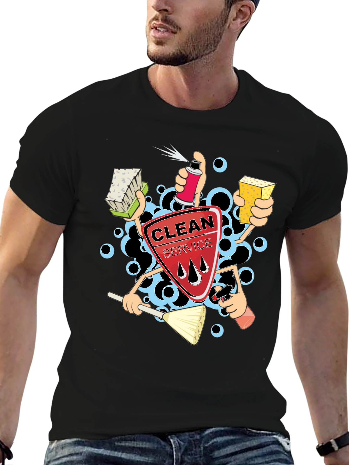 Clean Service Graphic T-Shirt - Black Crew Neck