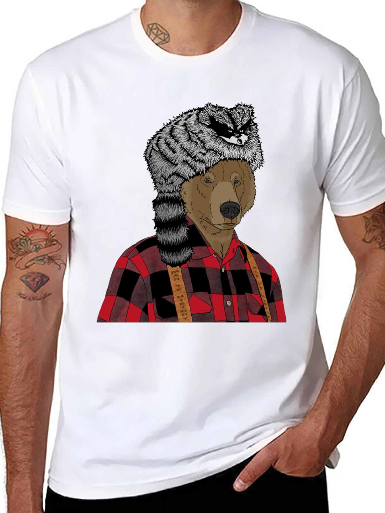 Bear in Raccoon Hat Lumberjack T-Shirt