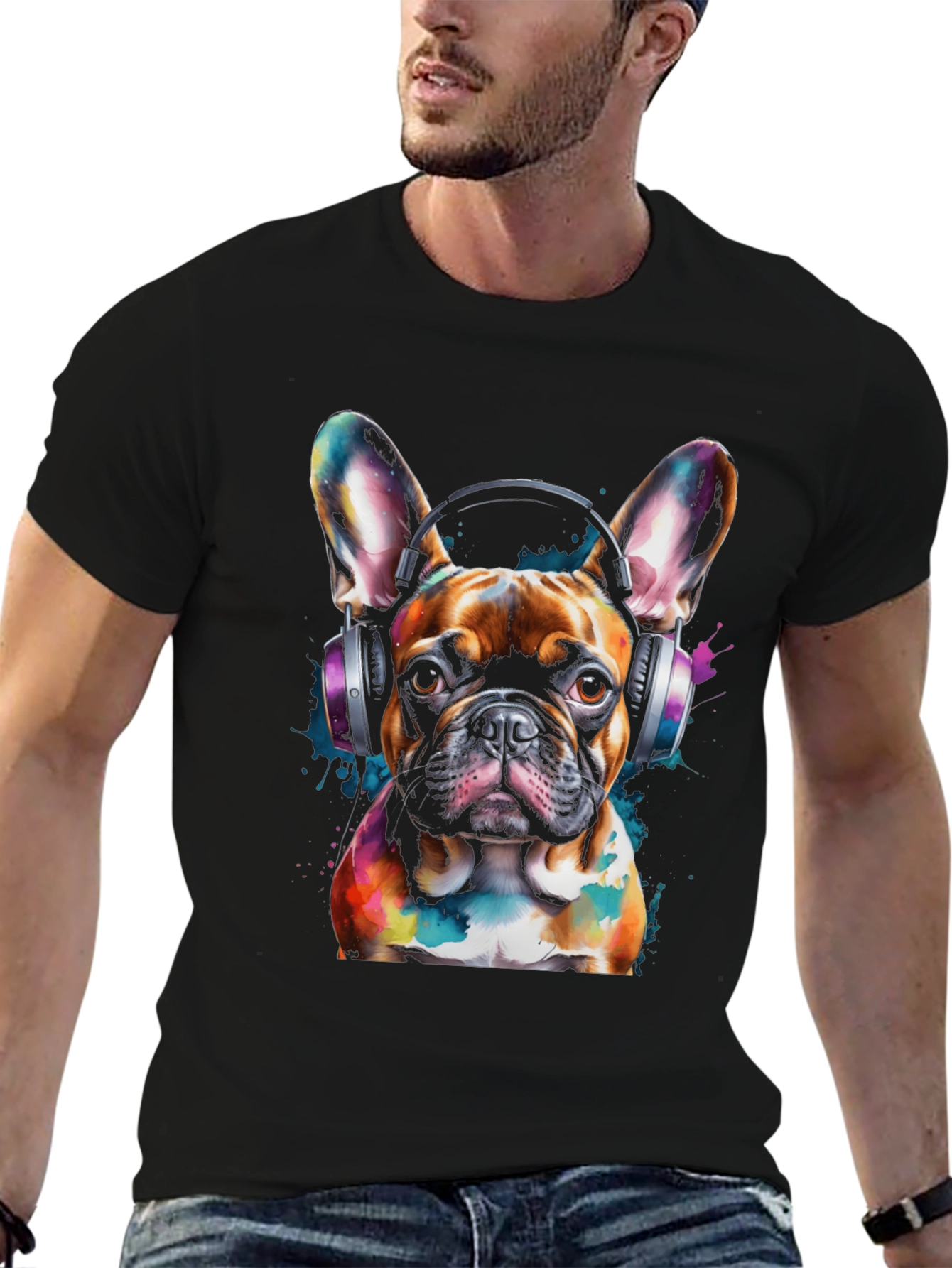 Dog with Headphones Graphic Tee - Black Cotton