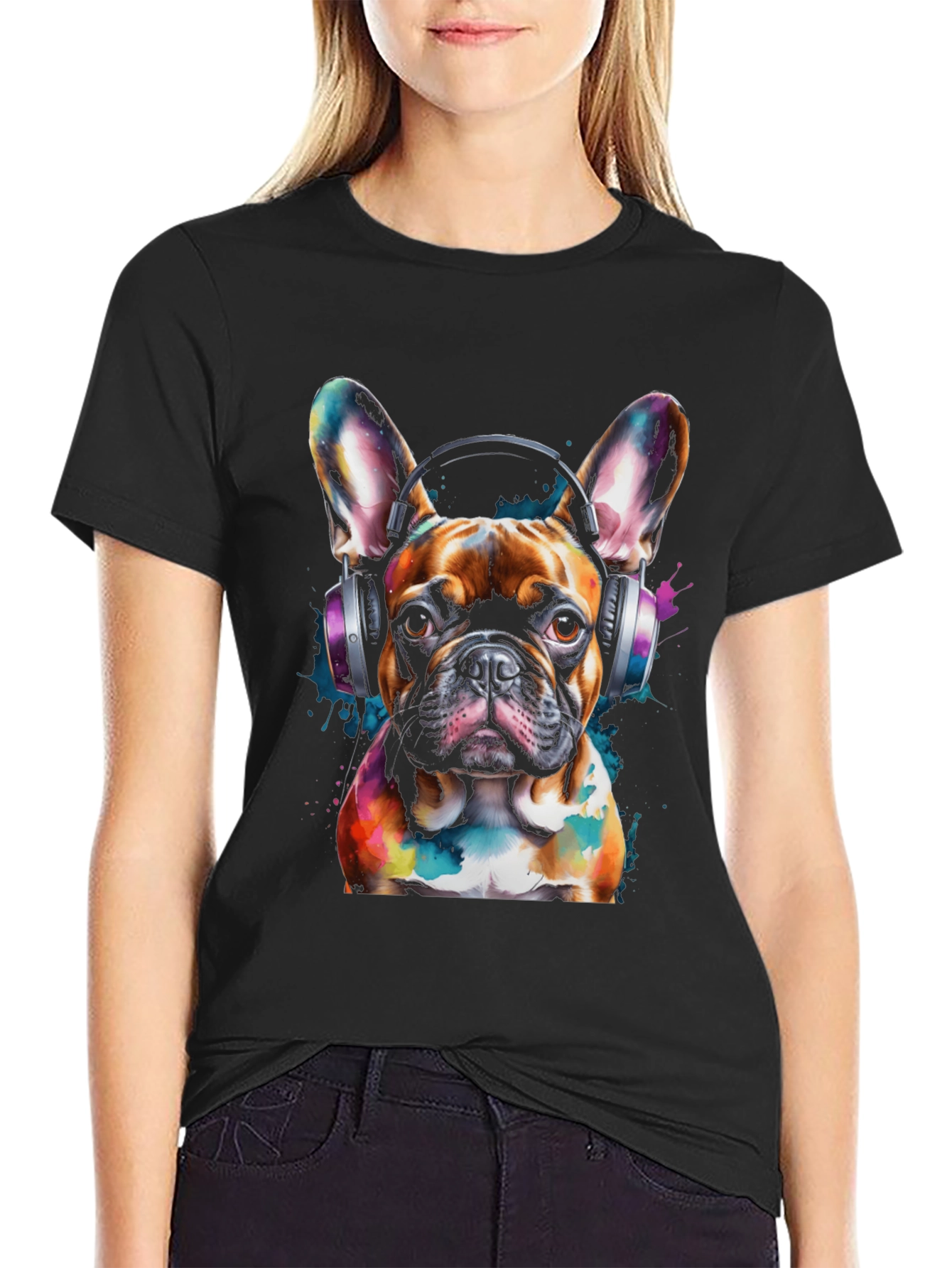 Dog with Headphones Graphic Tee - Black Cotton
