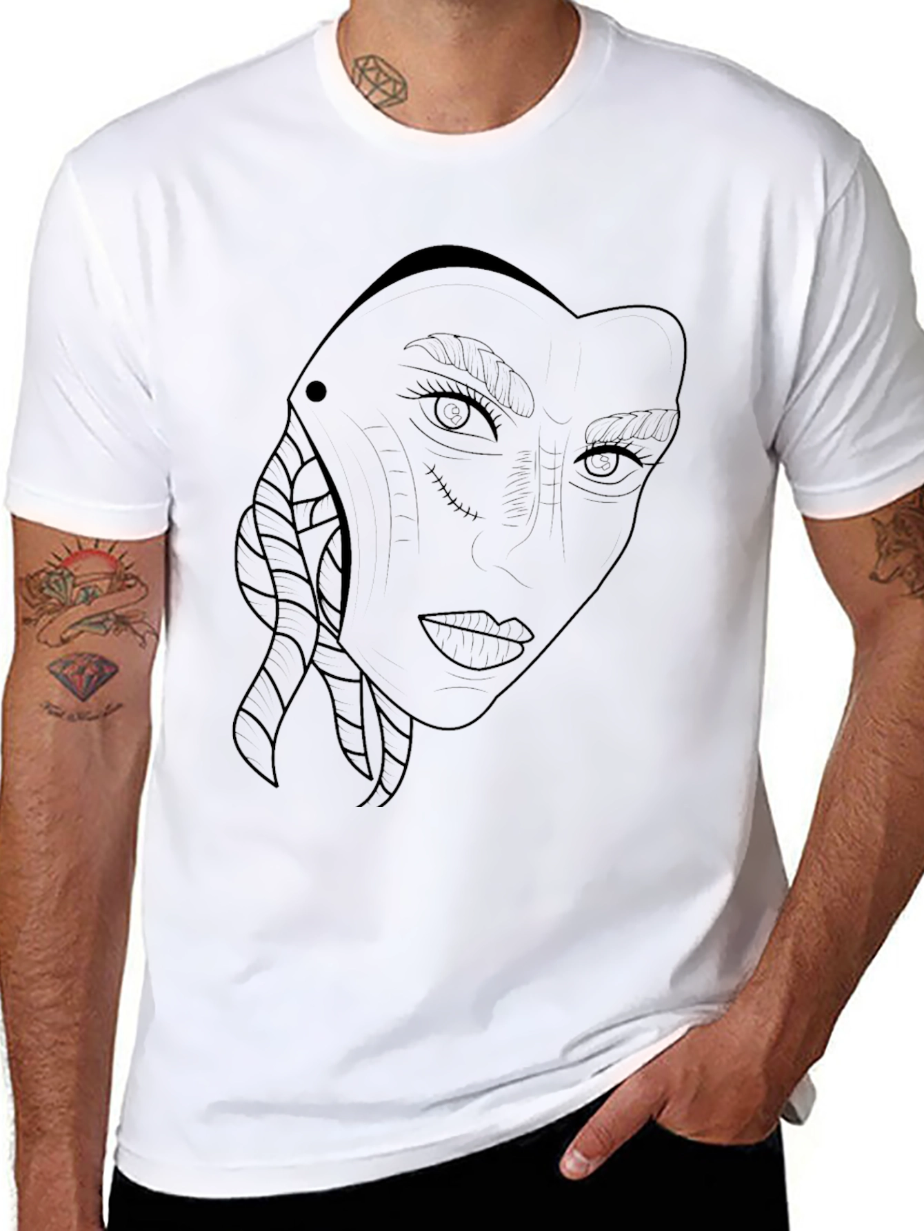 Abstract Face Line Art Black T-Shirt