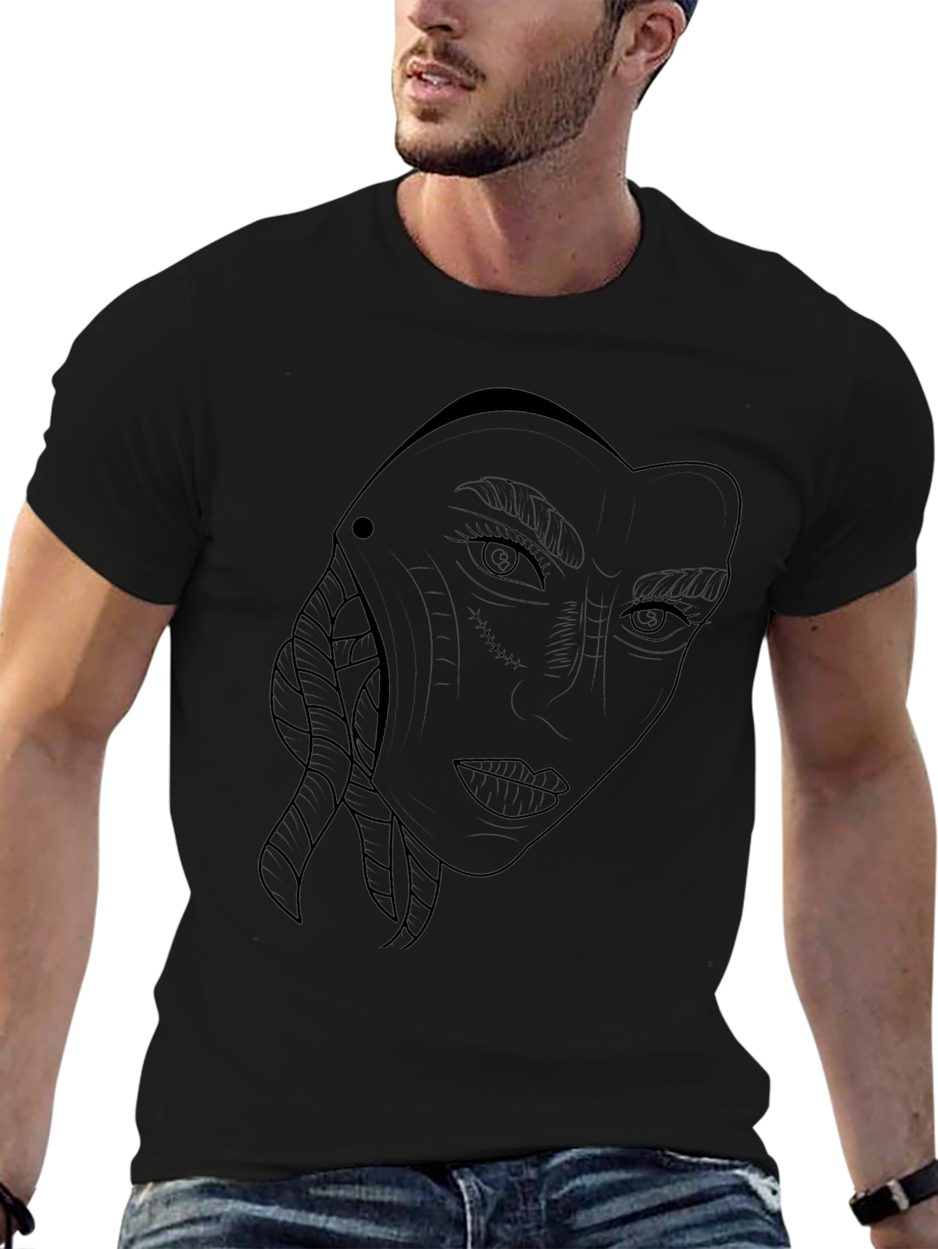 Abstract Face Line Art Black T-Shirt