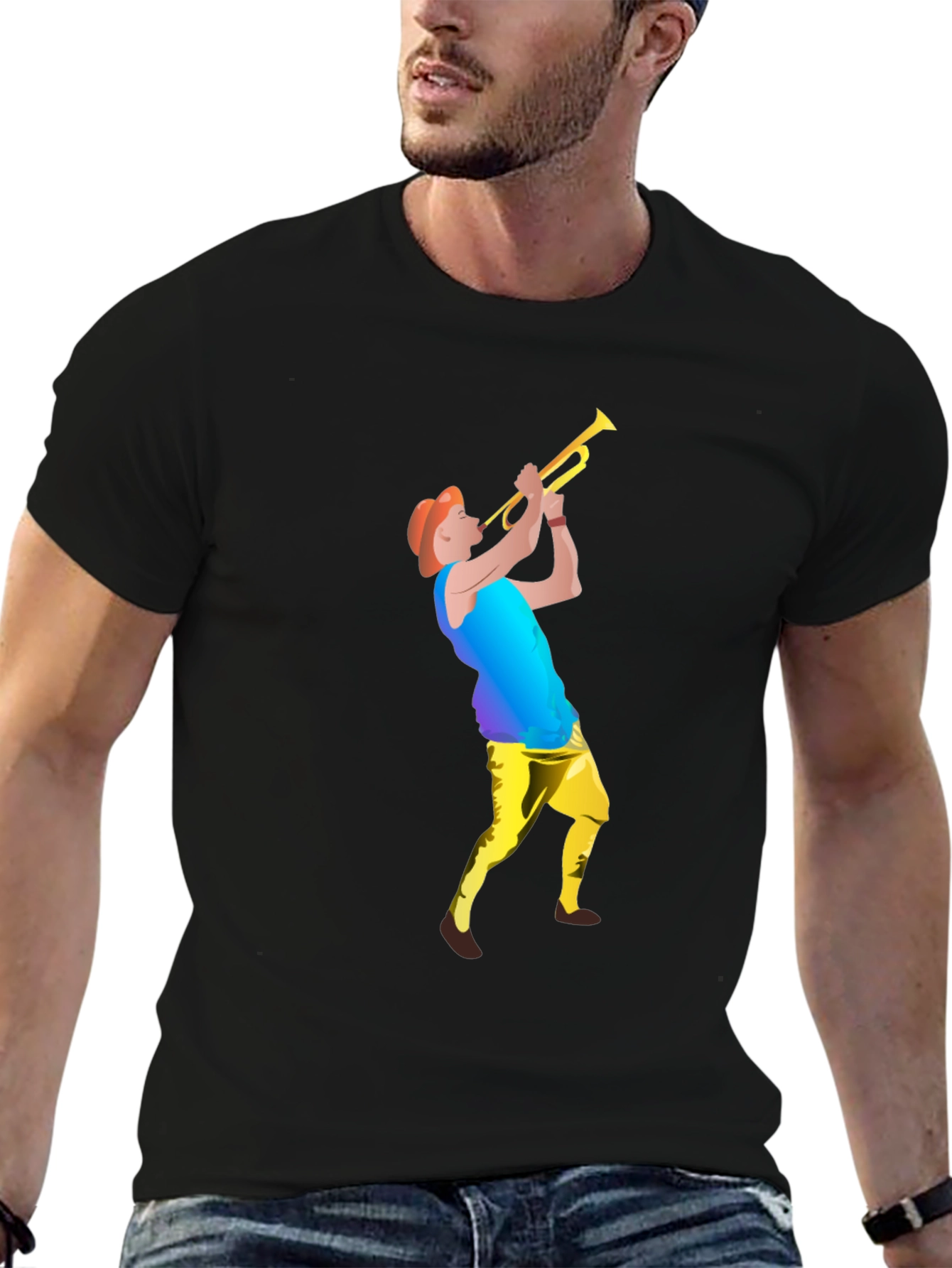 Black T-Shirt with Trumpet Player Graphic