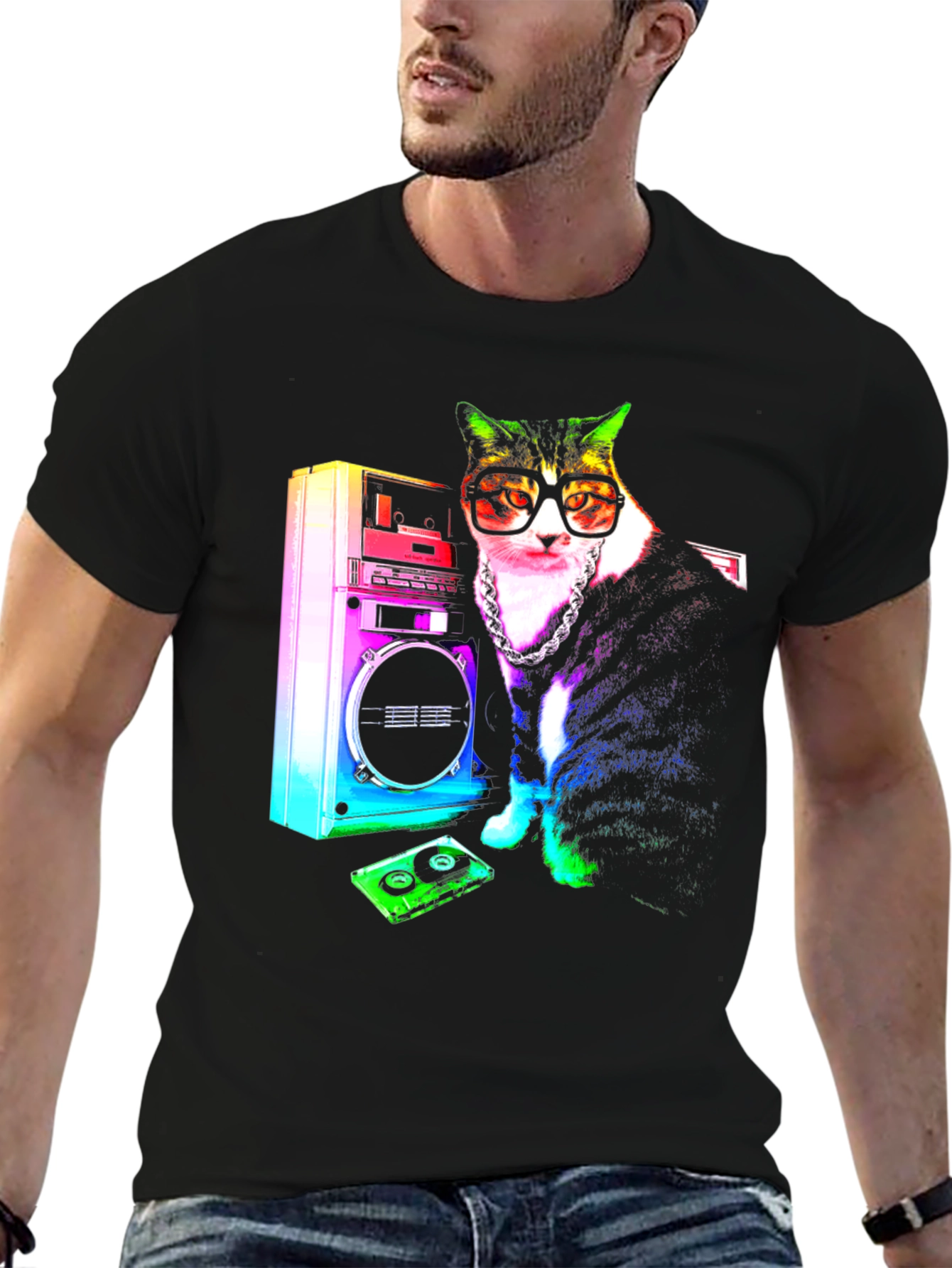 Retro Cat Boombox Graphic T-Shirt