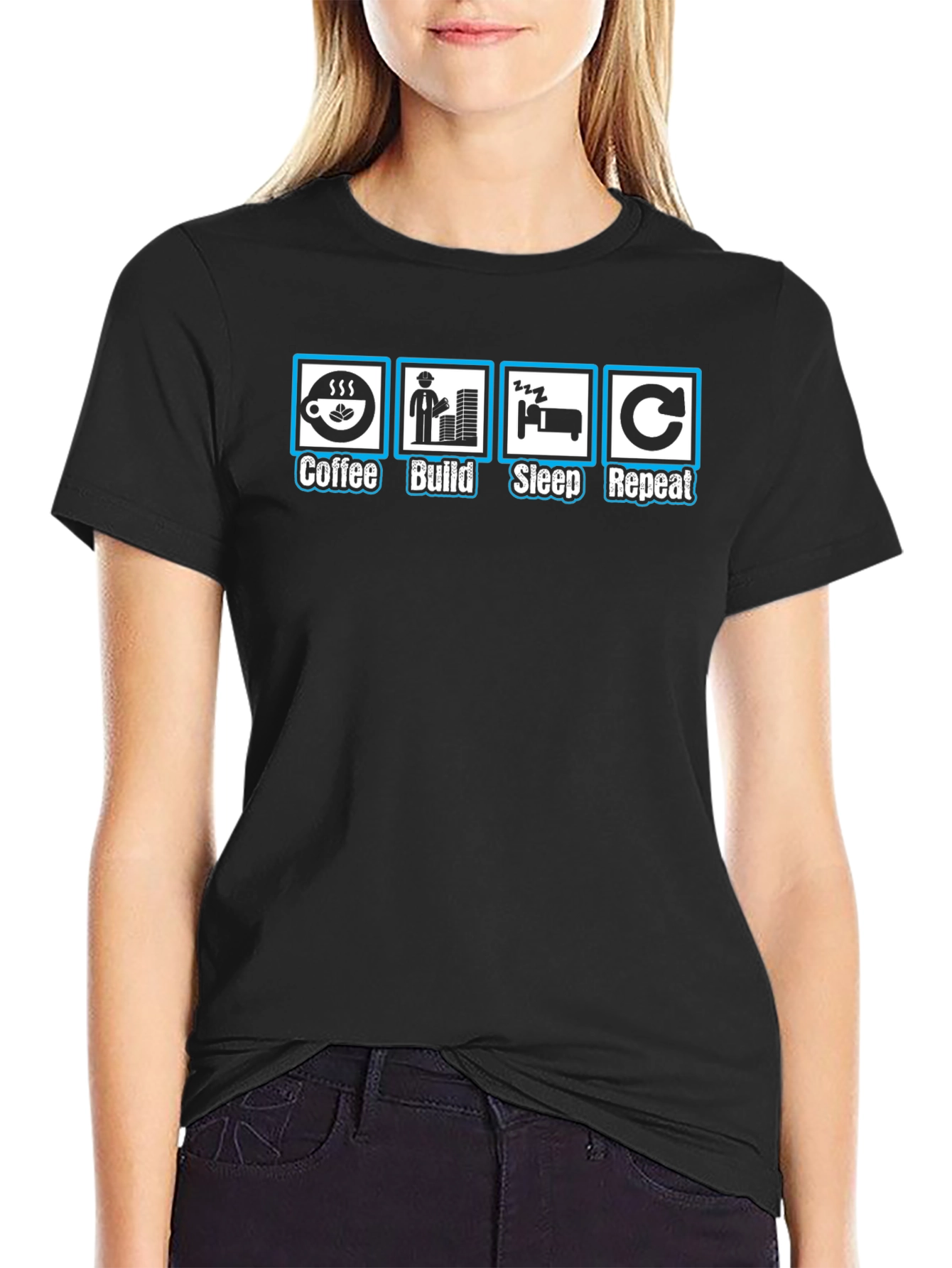 Coffee Build Sleep Repeat Black Graphic T-Shirt