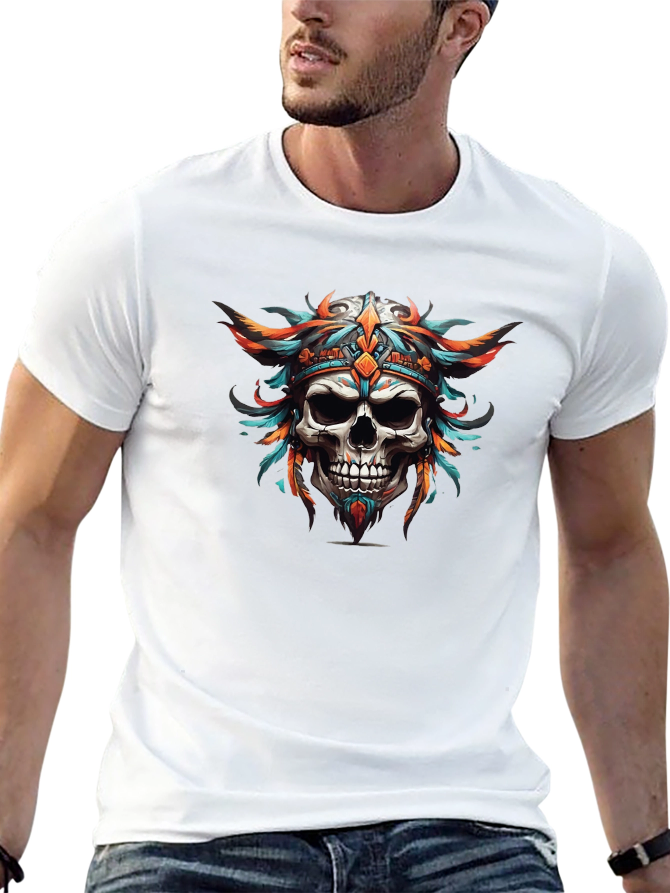 Skull Headdress Graphic Print Black T-Shirt