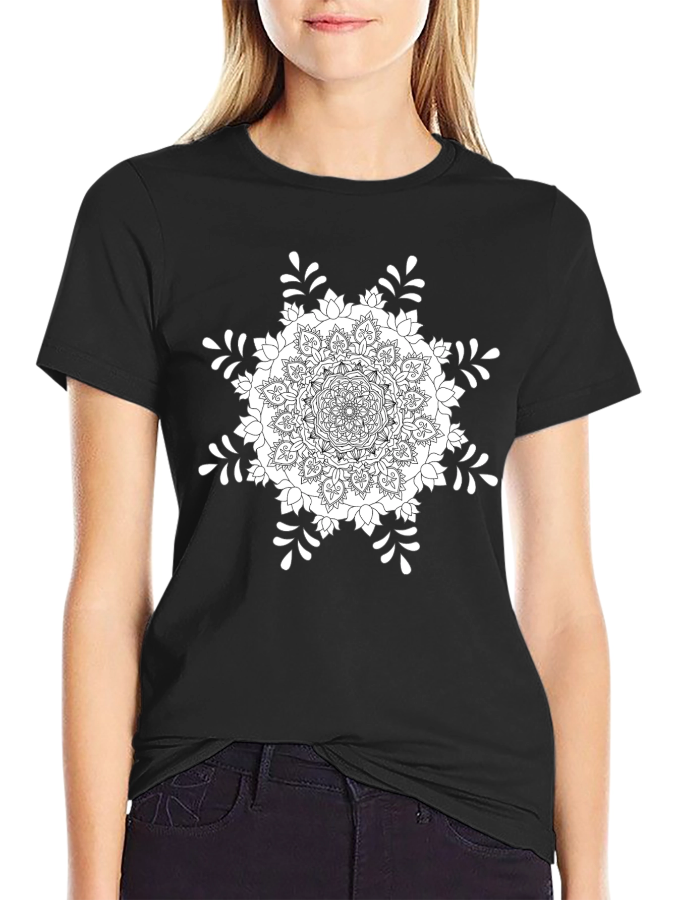 Black T-Shirt with White Mandala Design
