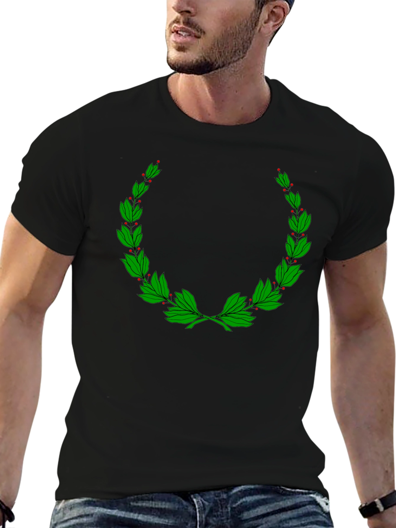 Classic Black T-Shirt with Green Laurel Wreath Design