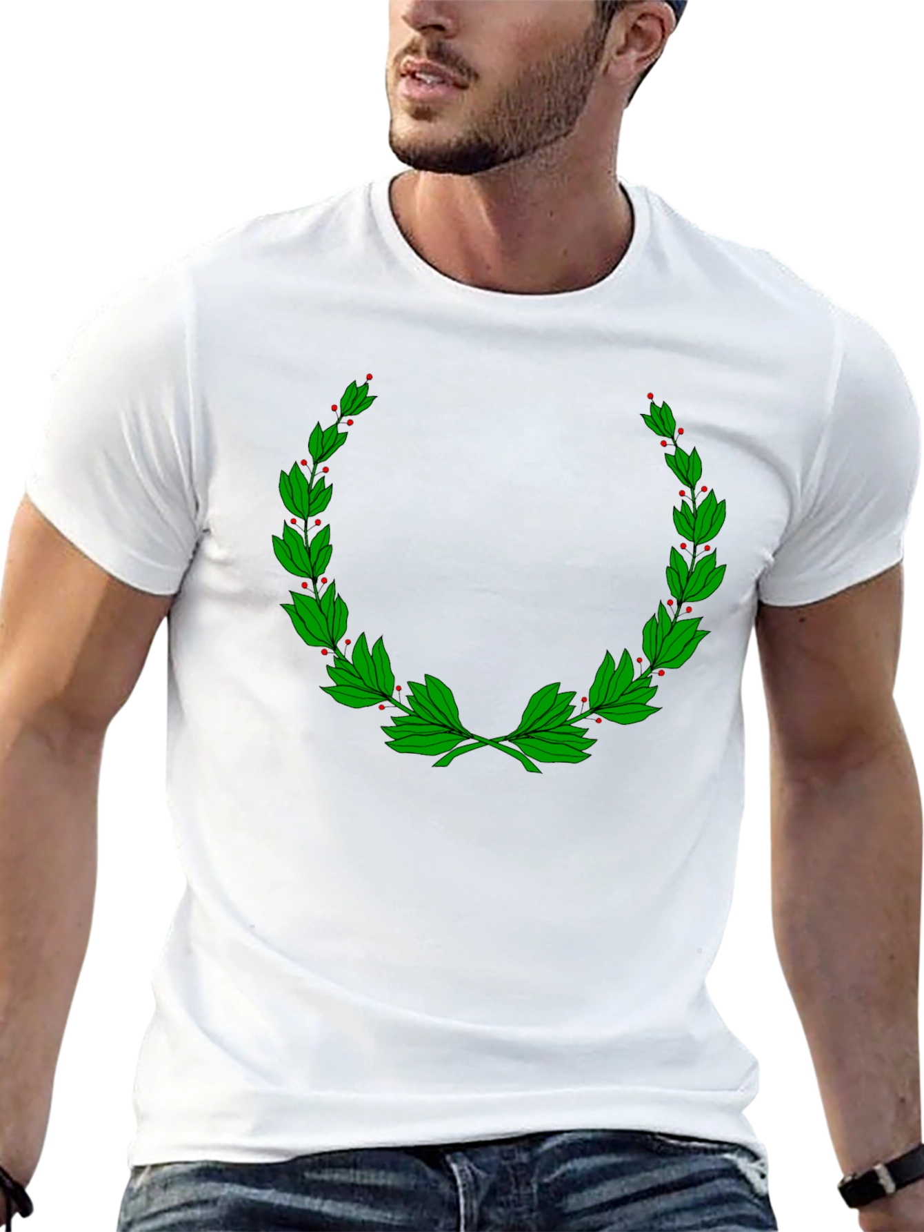 Classic Black T-Shirt with Green Laurel Wreath Design