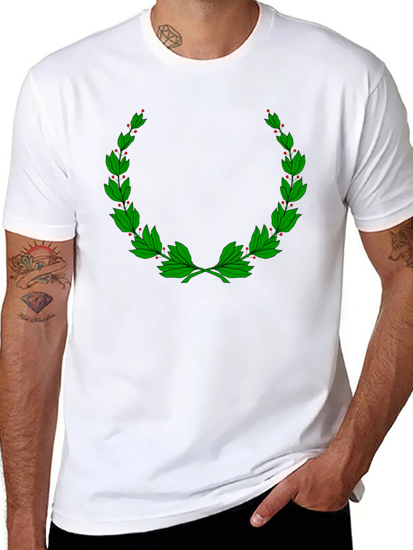 Classic Black T-Shirt with Green Laurel Wreath Design