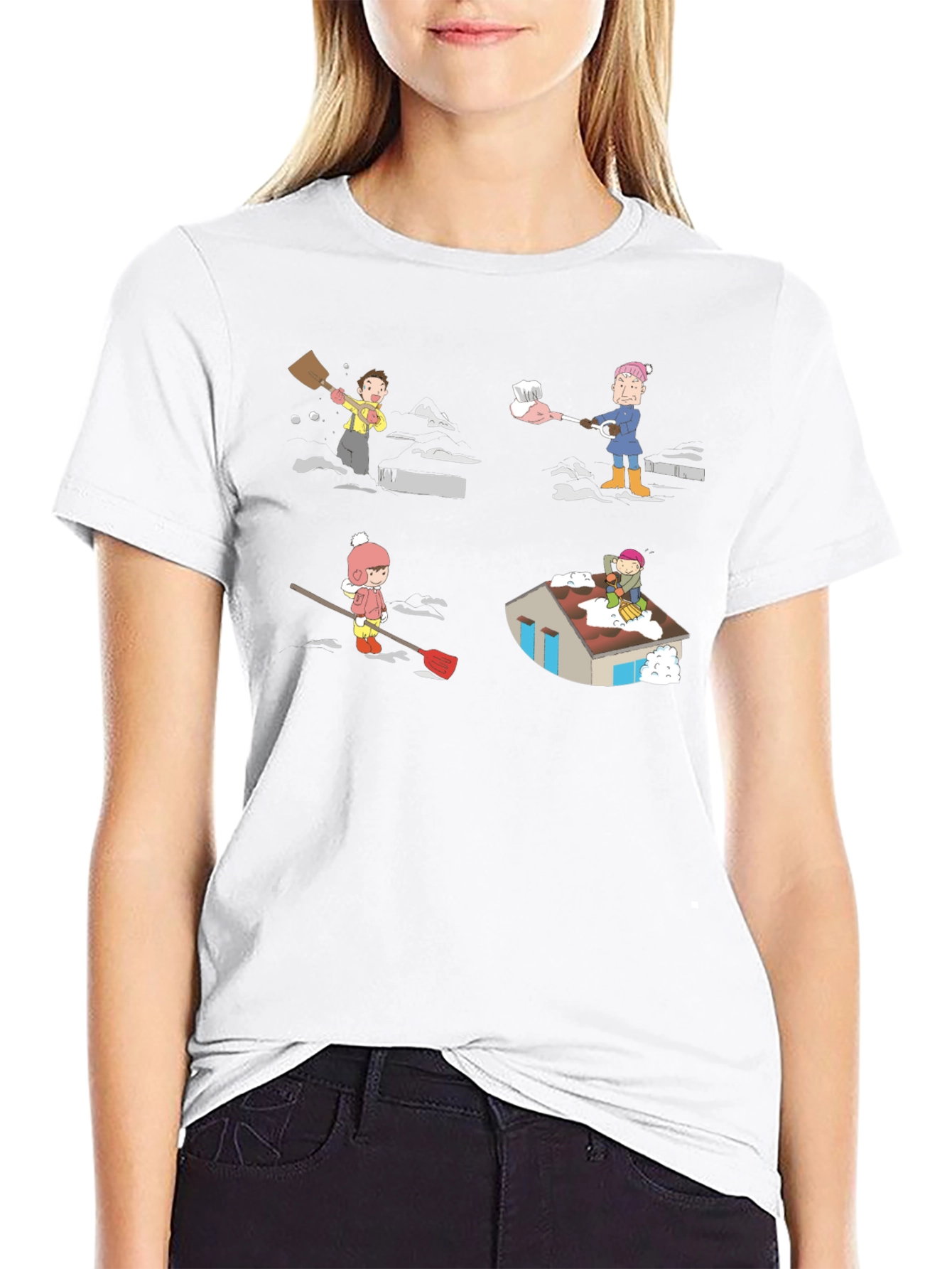 Snow Shoveling Cartoon Graphic Tee - Black