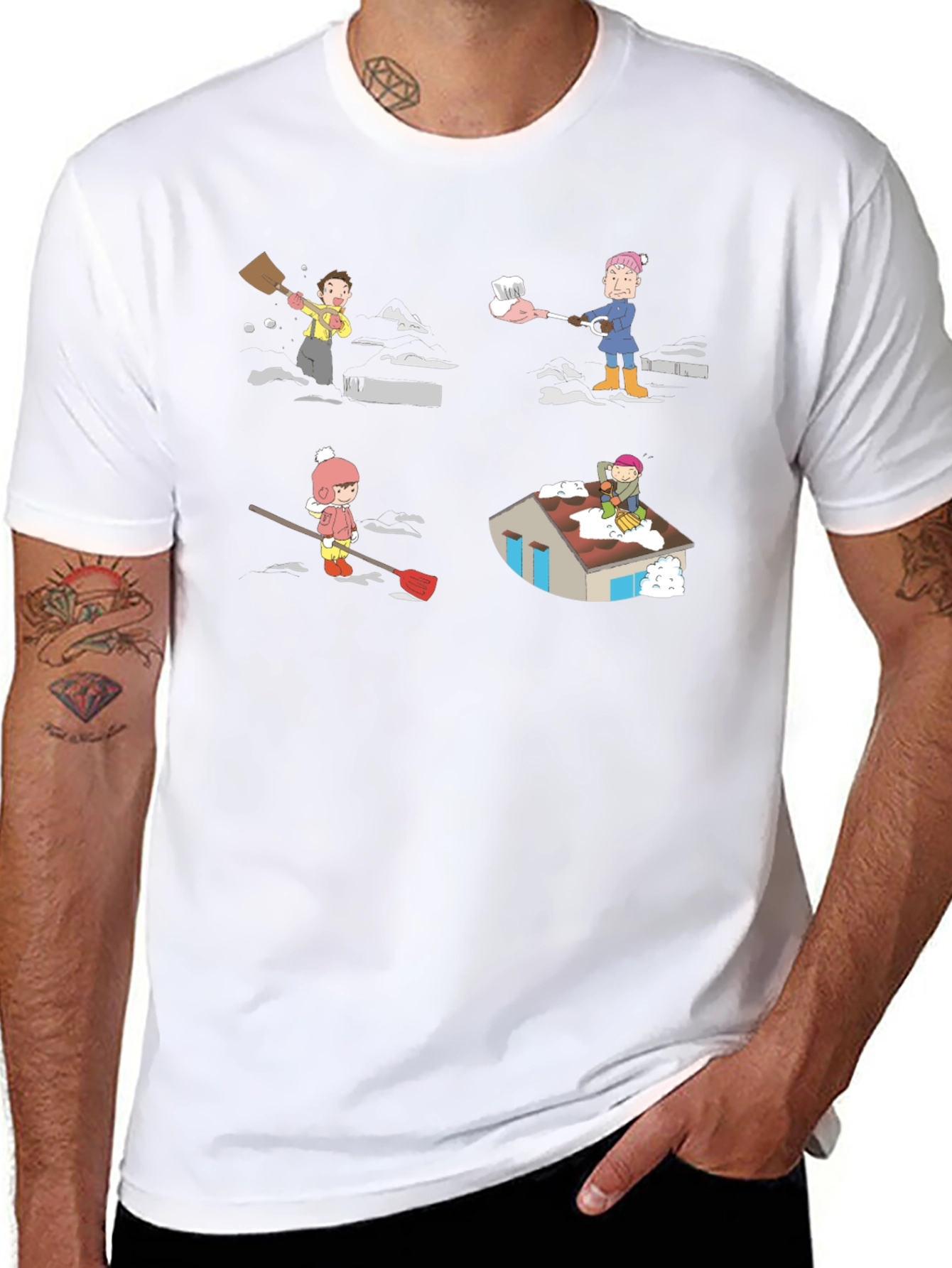 Snow Shoveling Cartoon Graphic Tee - Black