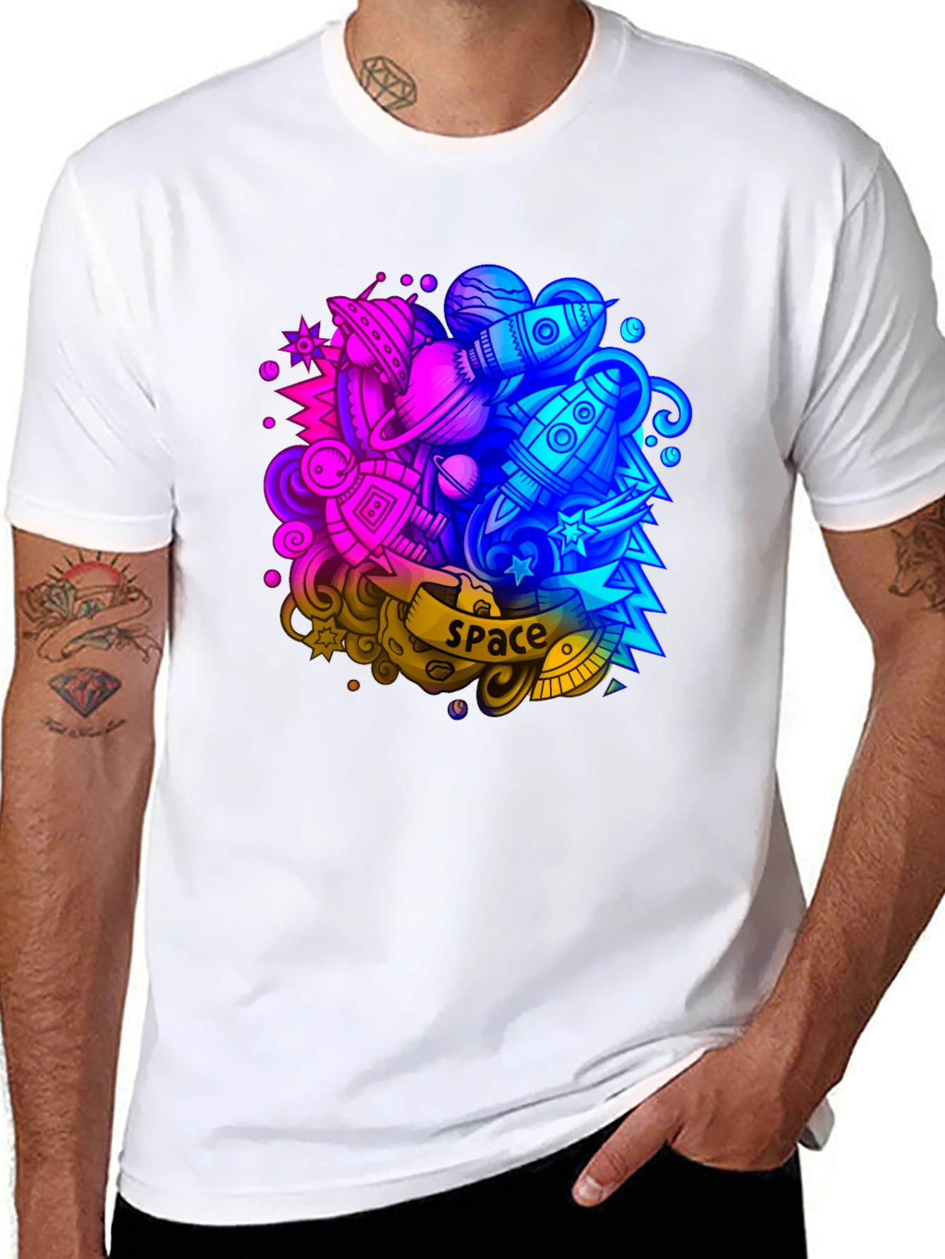Space Graphic Print Black T-Shirt
