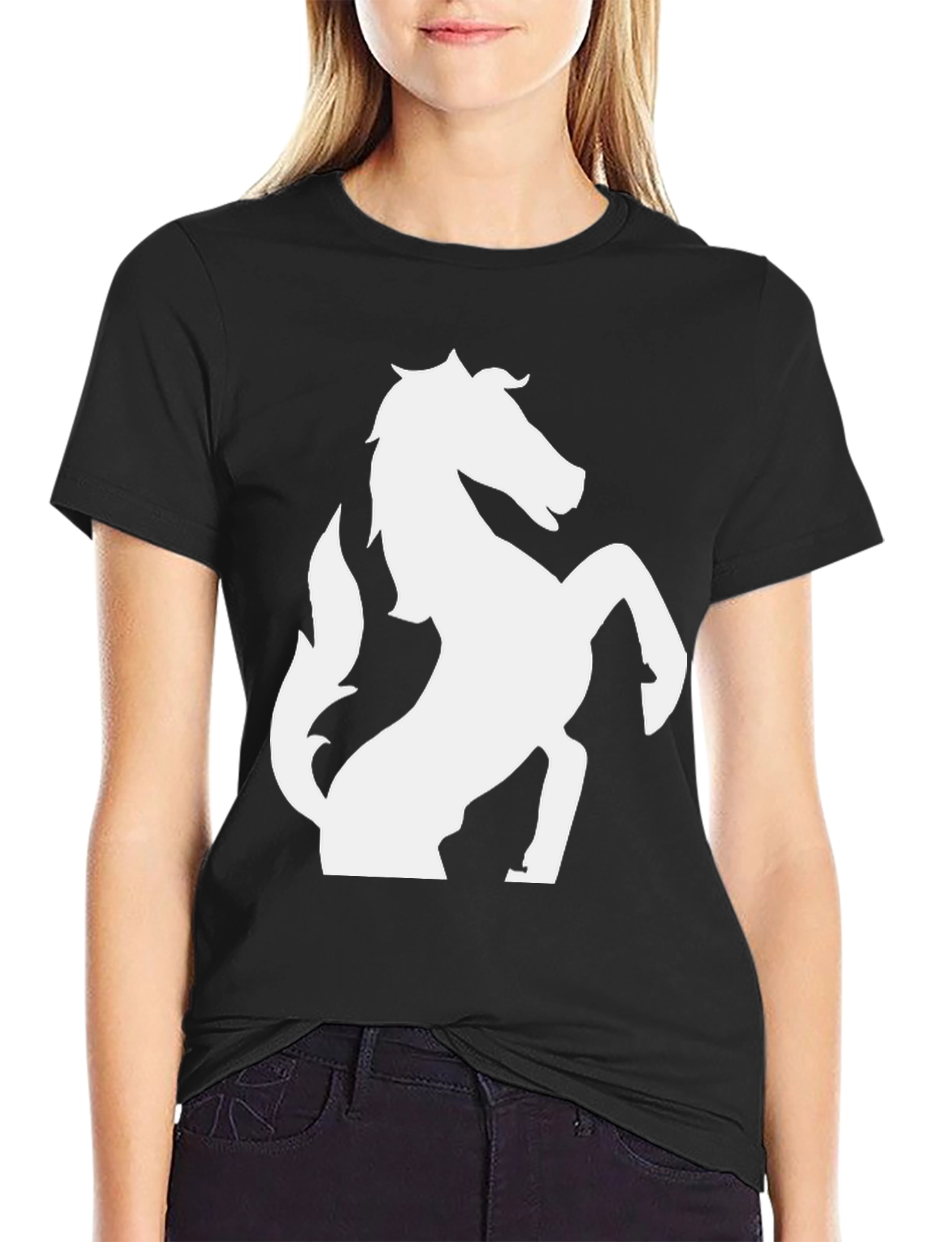 Black T-Shirt with White Horse Graphic