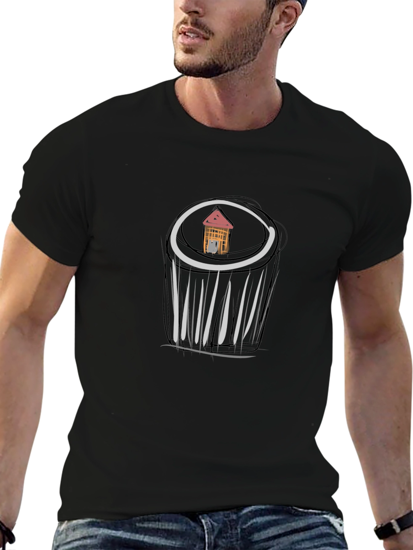 Unique Black T-Shirt with House Sketch