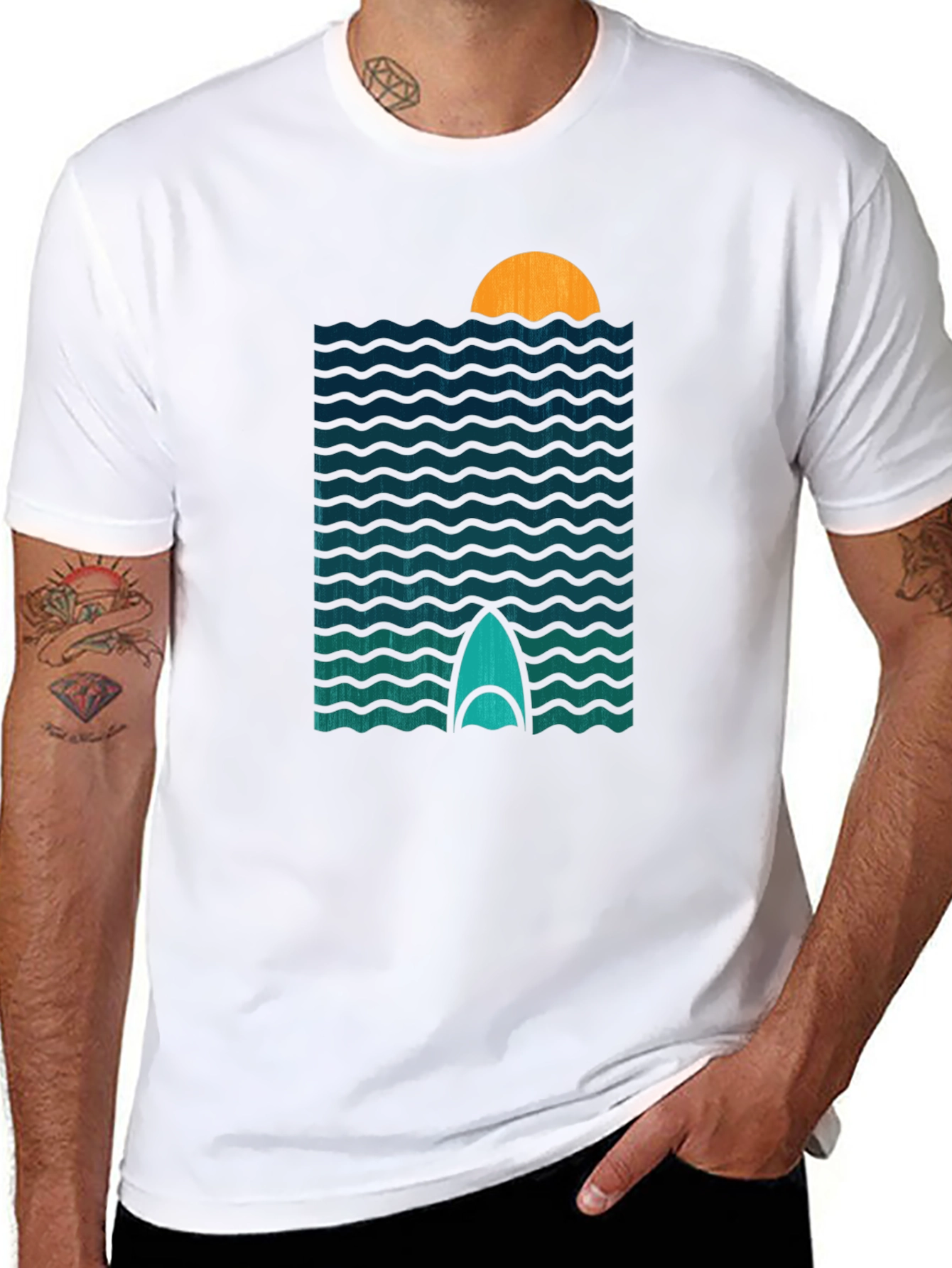 Sunset Surfboard T-Shirt - Retro Wave Design