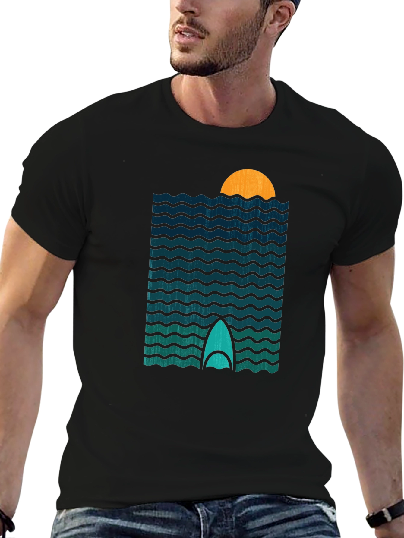 Sunset Surfboard T-Shirt - Retro Wave Design