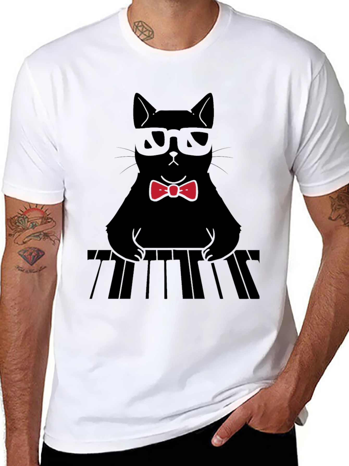 Cat Musician T-Shirt - Cool Cat With Bowtie