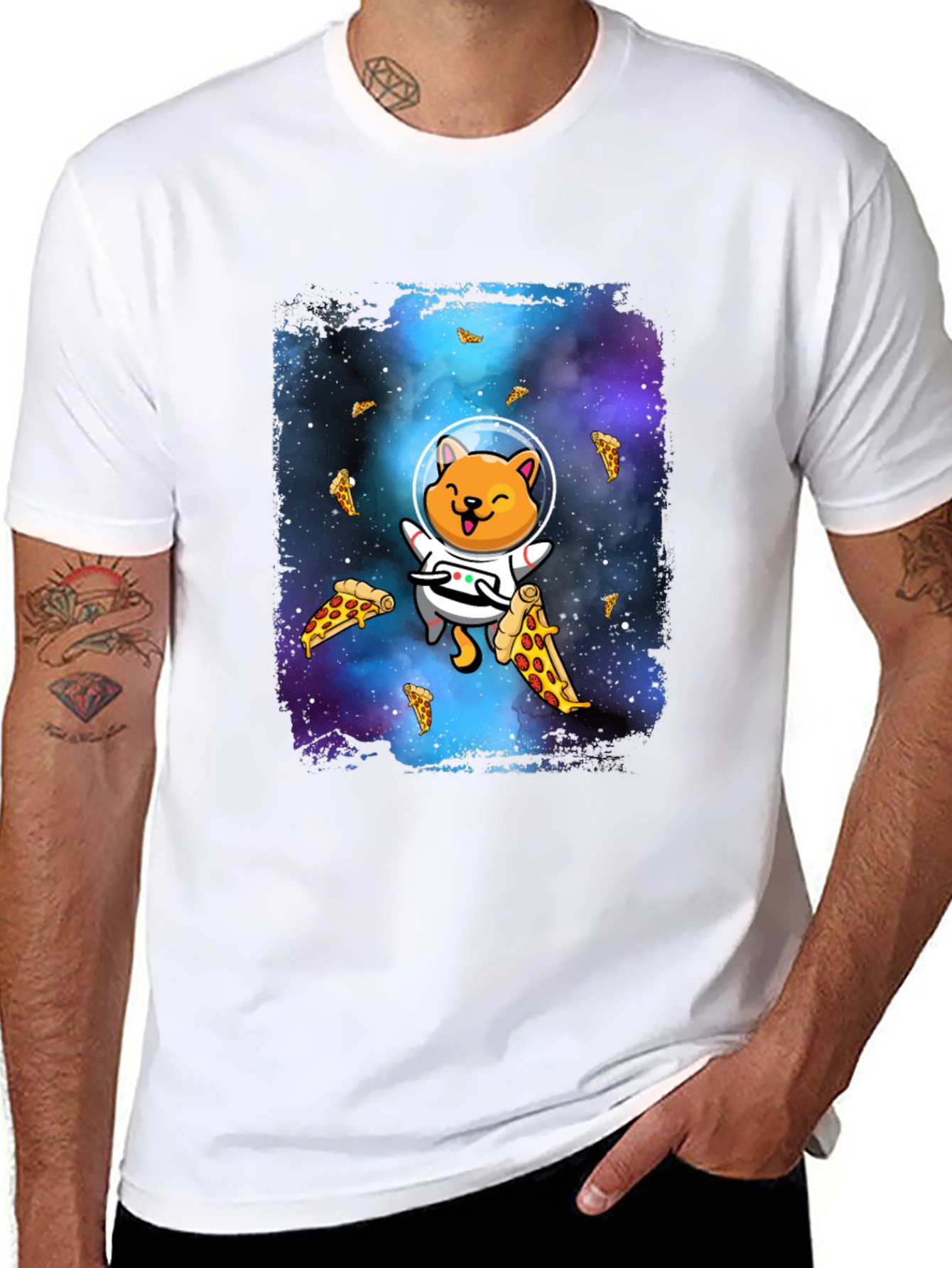 Astronaut Cat Pizza Galaxy T-Shirt