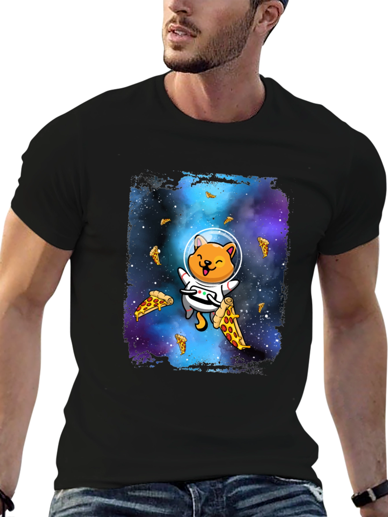 Astronaut Cat Pizza Galaxy T-Shirt
