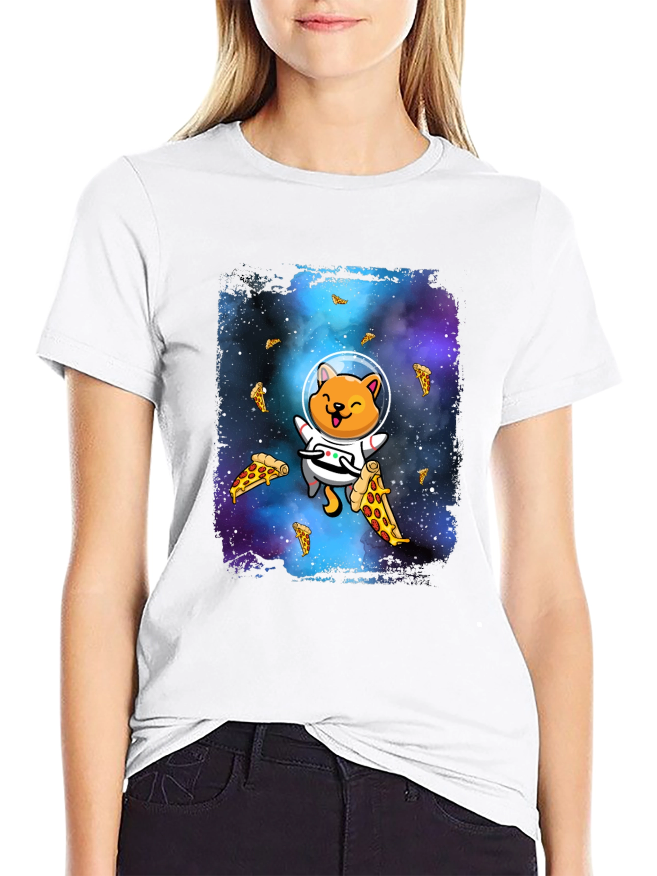 Astronaut Cat Pizza Galaxy T-Shirt