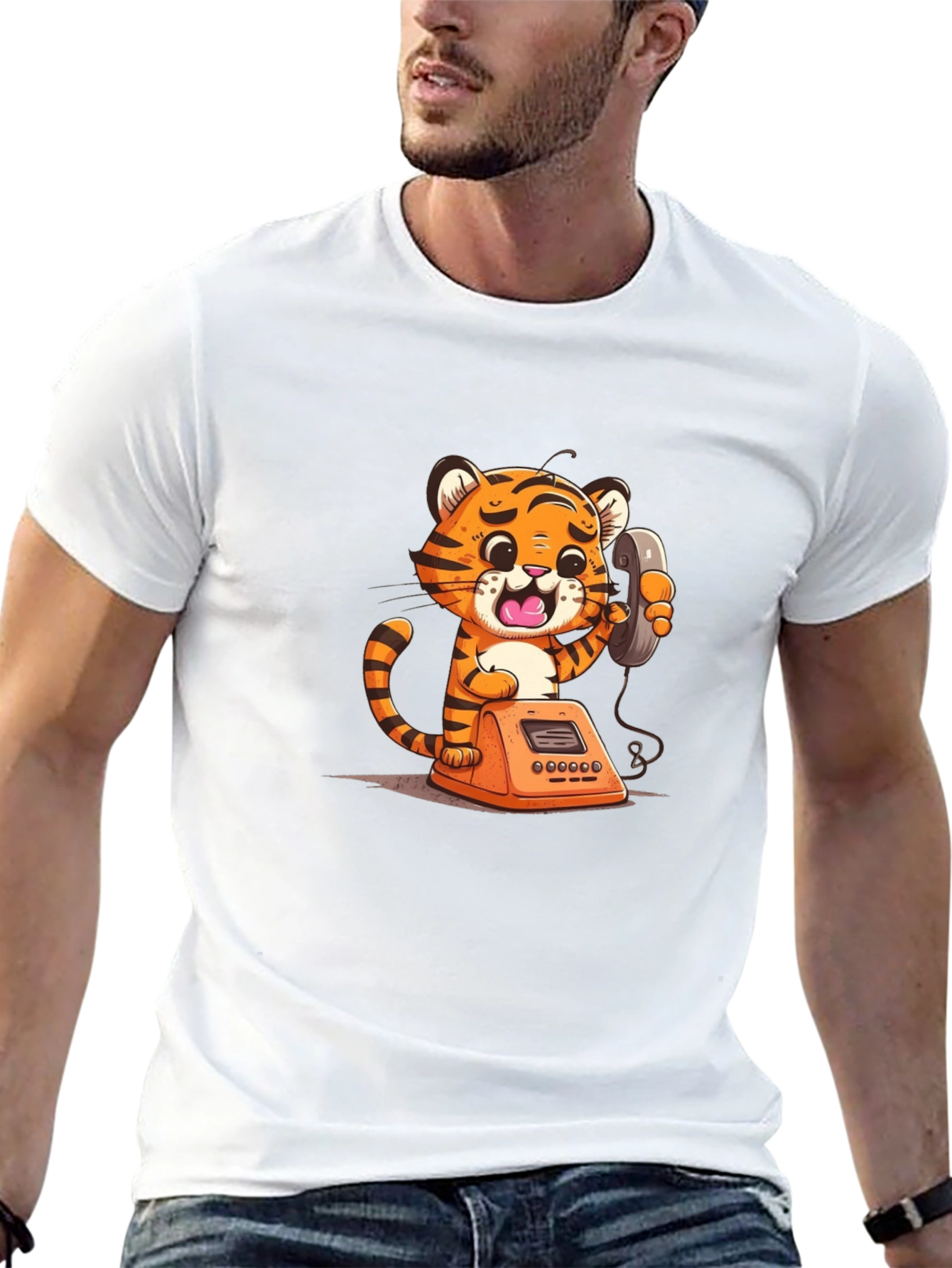 Cartoon Tiger on Phone Graphic Tee - Black