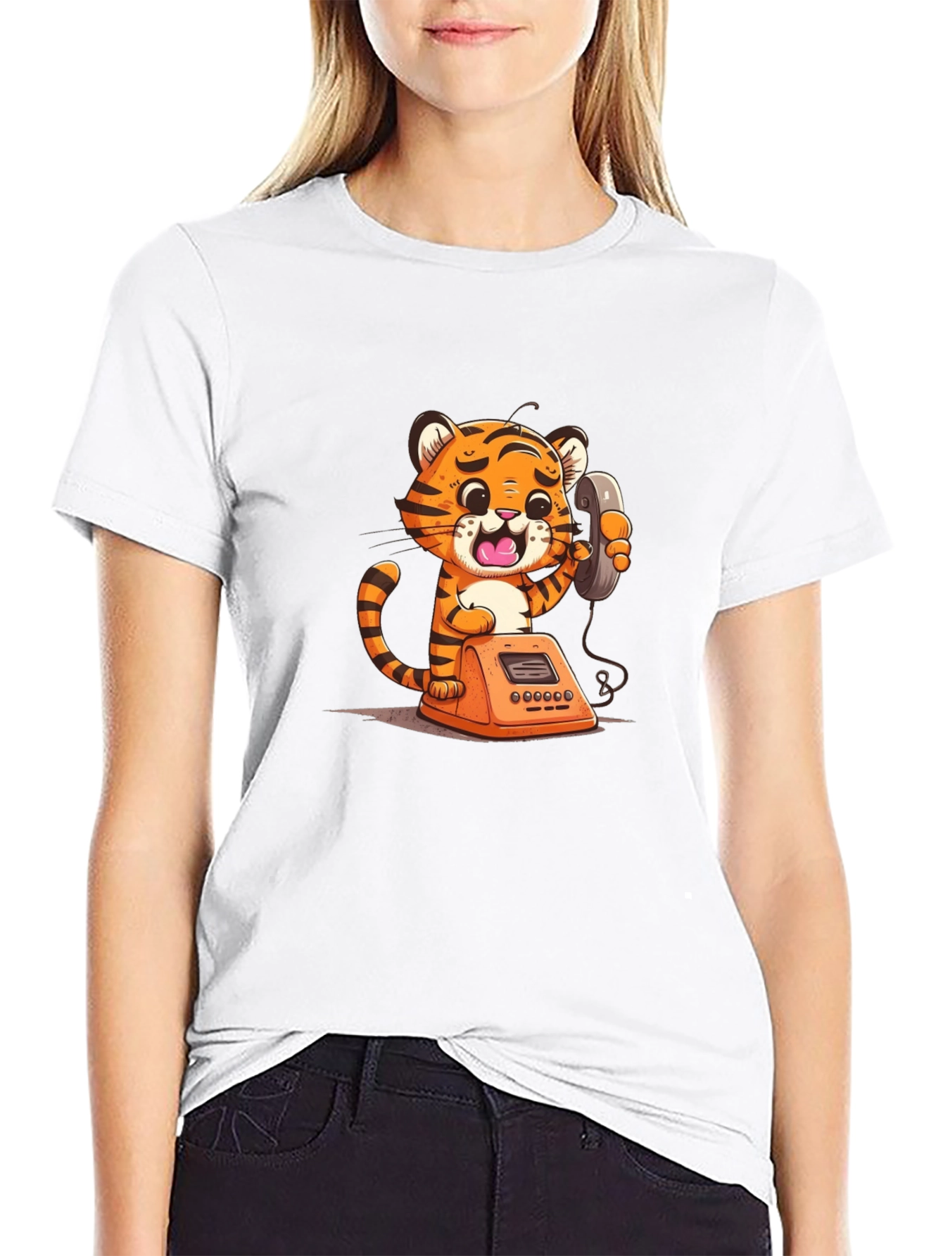 Cartoon Tiger on Phone Graphic Tee - Black