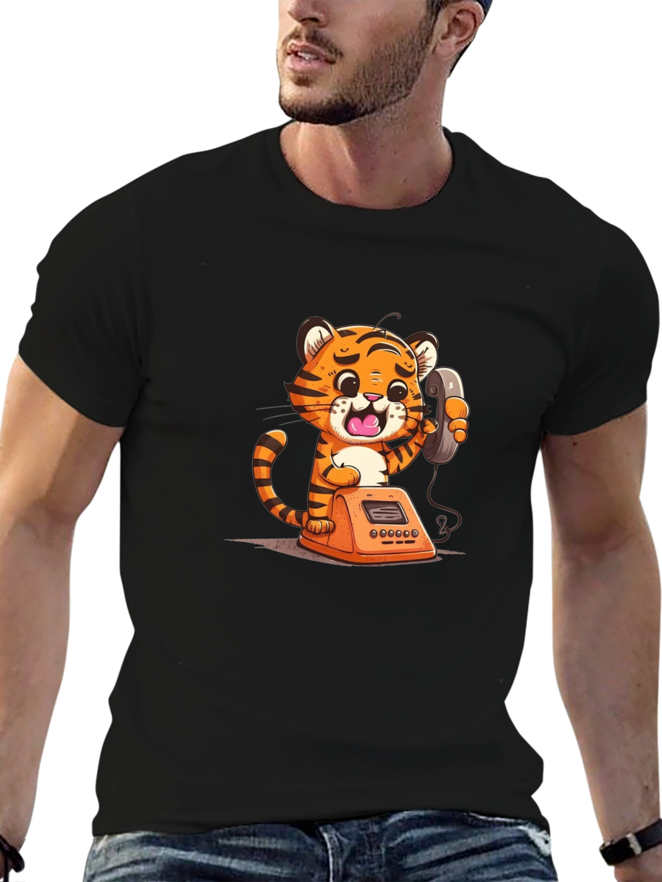Cartoon Tiger on Phone Graphic Tee - Black
