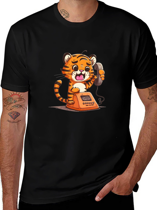 Cartoon Tiger on Phone Graphic Tee - Black
