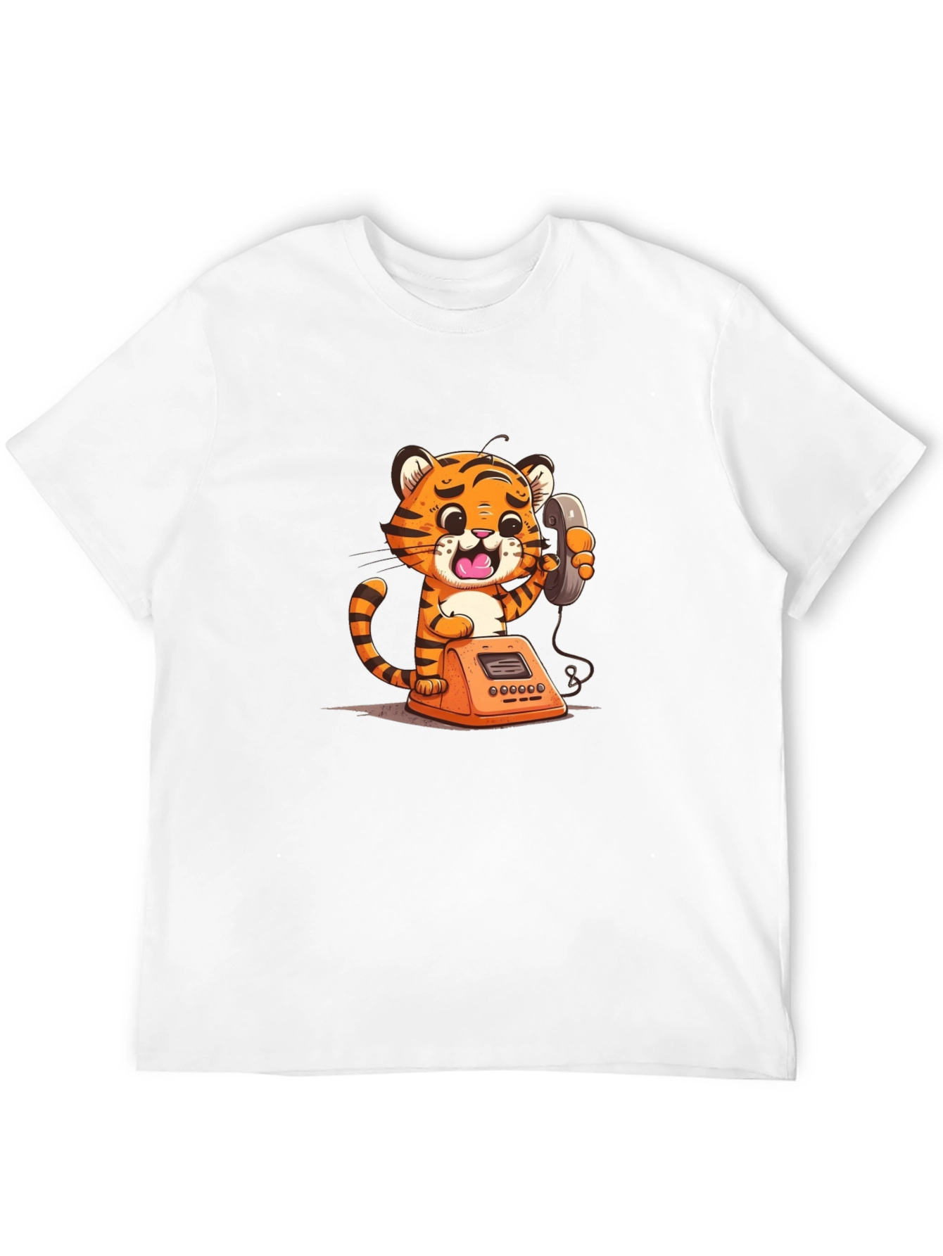 Cartoon Tiger on Phone Graphic Tee - Black