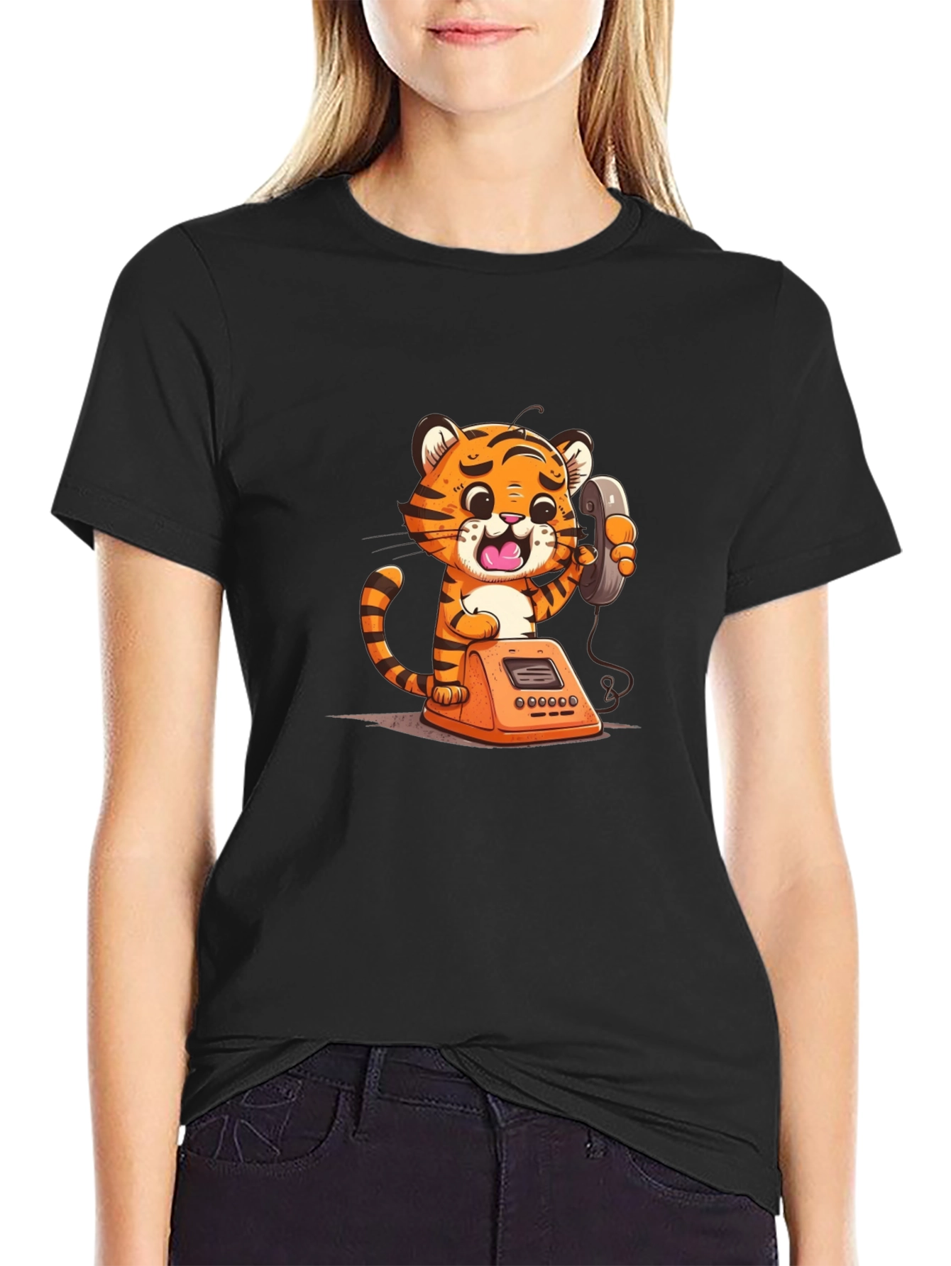 Cartoon Tiger on Phone Graphic Tee - Black