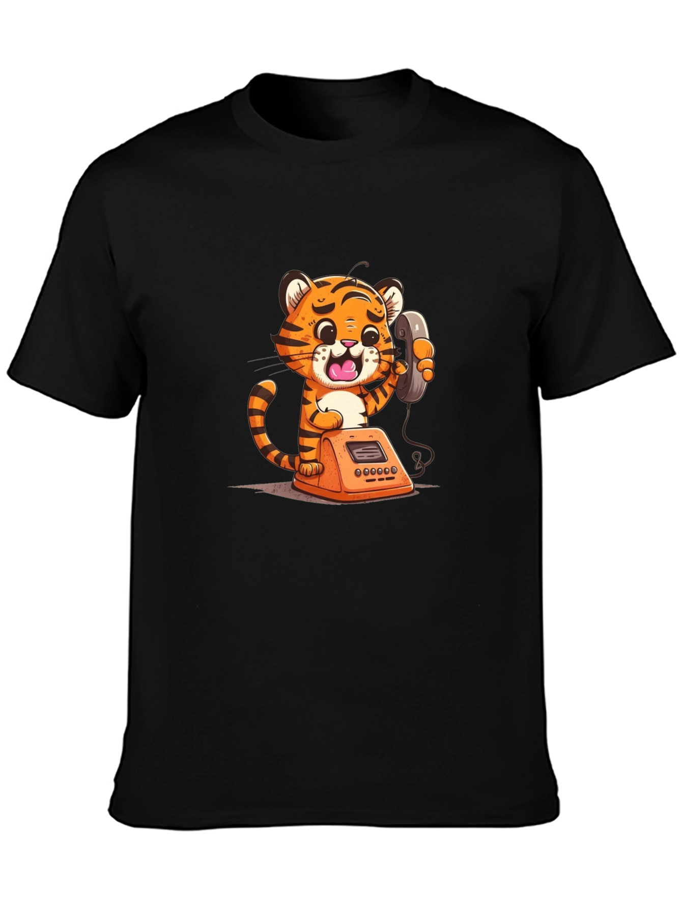Cartoon Tiger on Phone Graphic Tee - Black