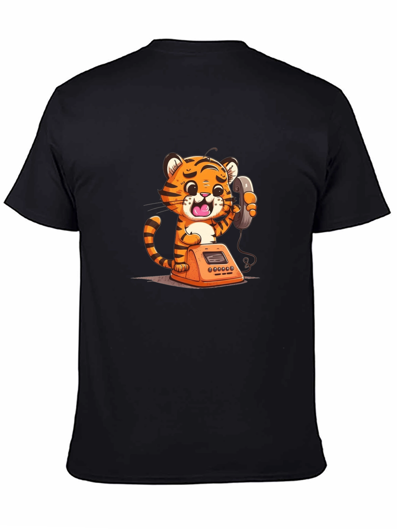 Cartoon Tiger on Phone Graphic Tee - Black
