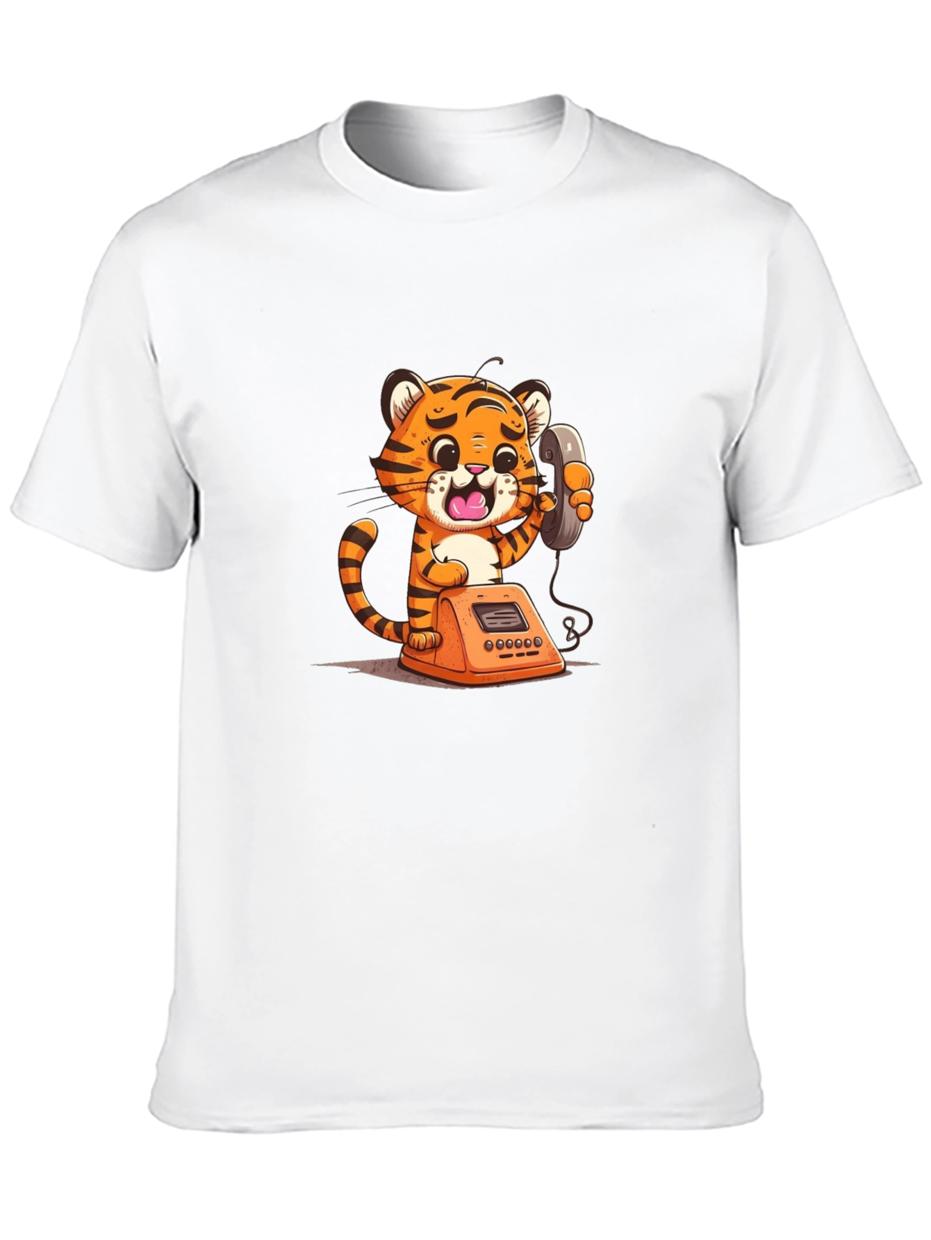 Cartoon Tiger on Phone Graphic Tee - Black