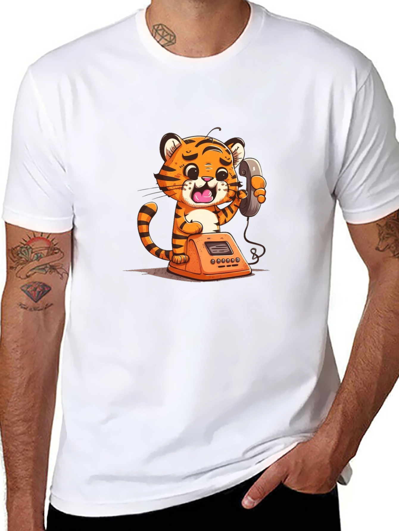 Cartoon Tiger on Phone Graphic Tee - Black