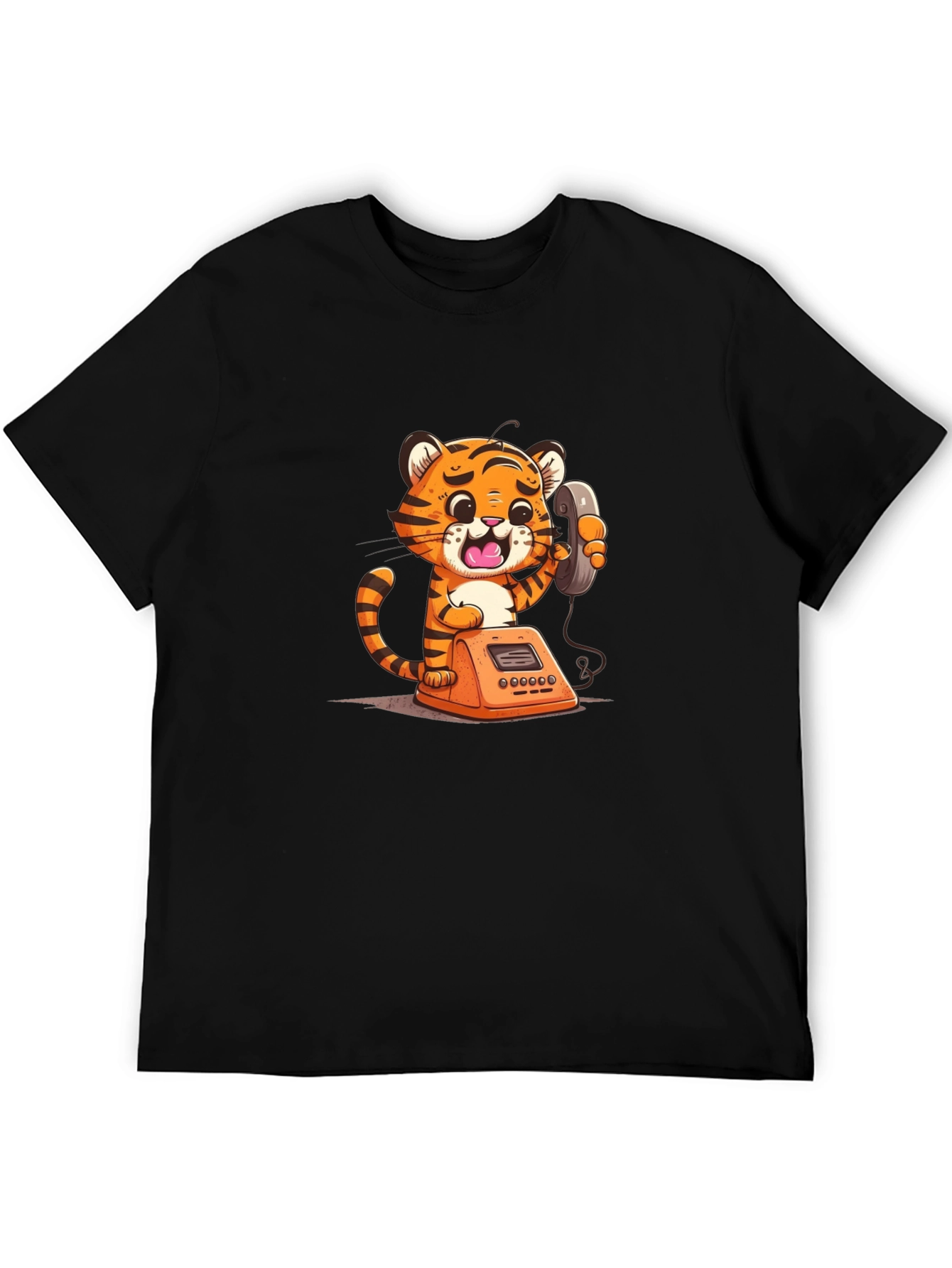 Cartoon Tiger on Phone Graphic Tee - Black