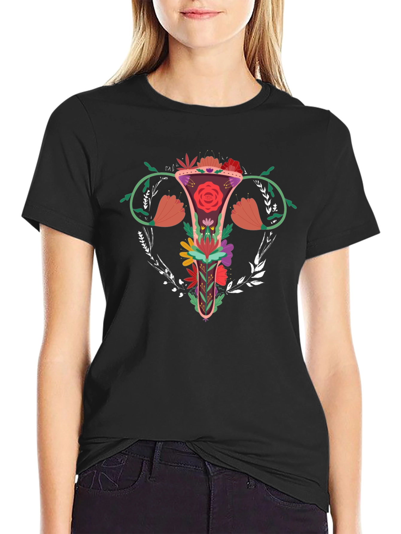 Floral Uterus Graphic Tee - Black