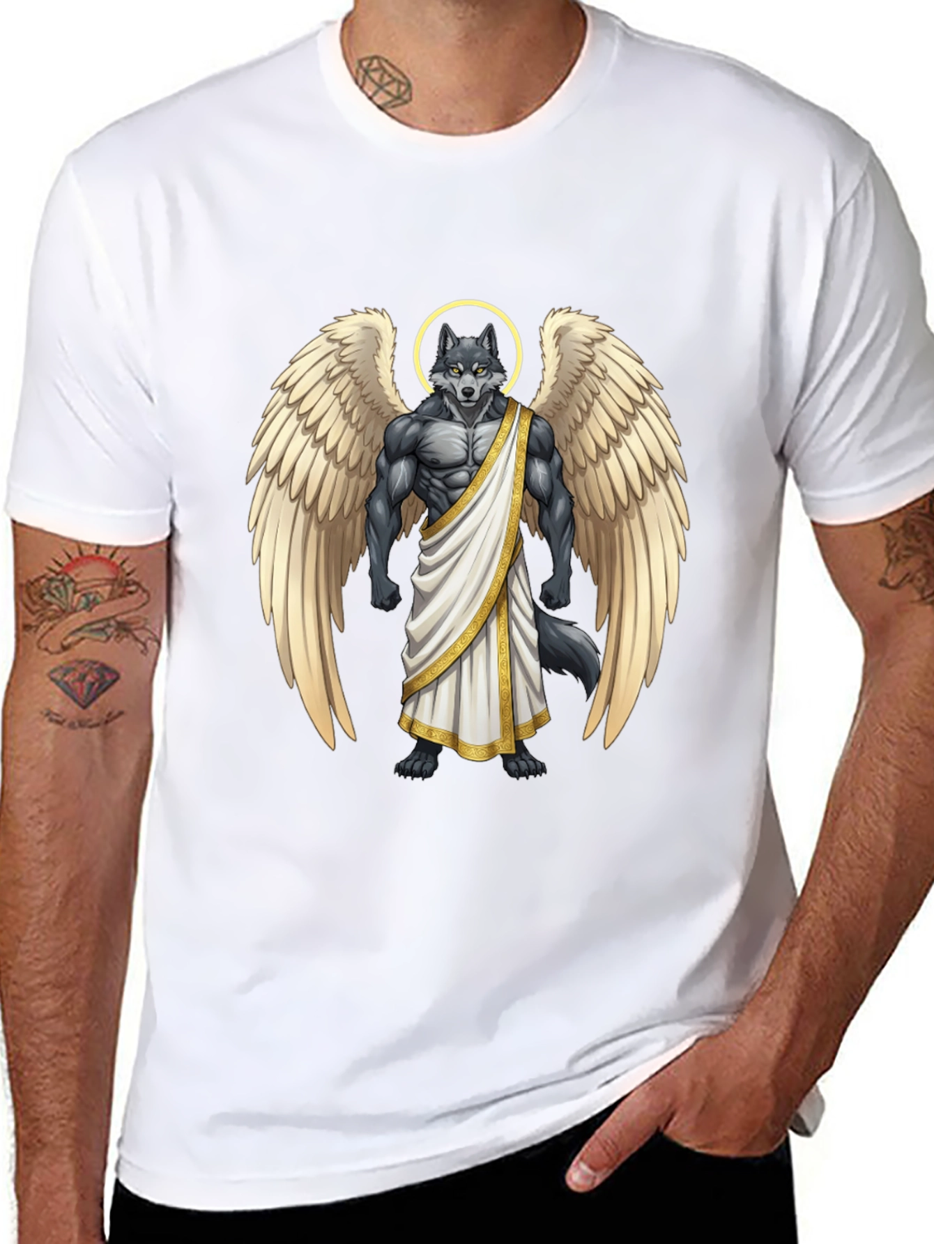 Angel Wolf Graphic Tee - Black Cotton T-Shirt