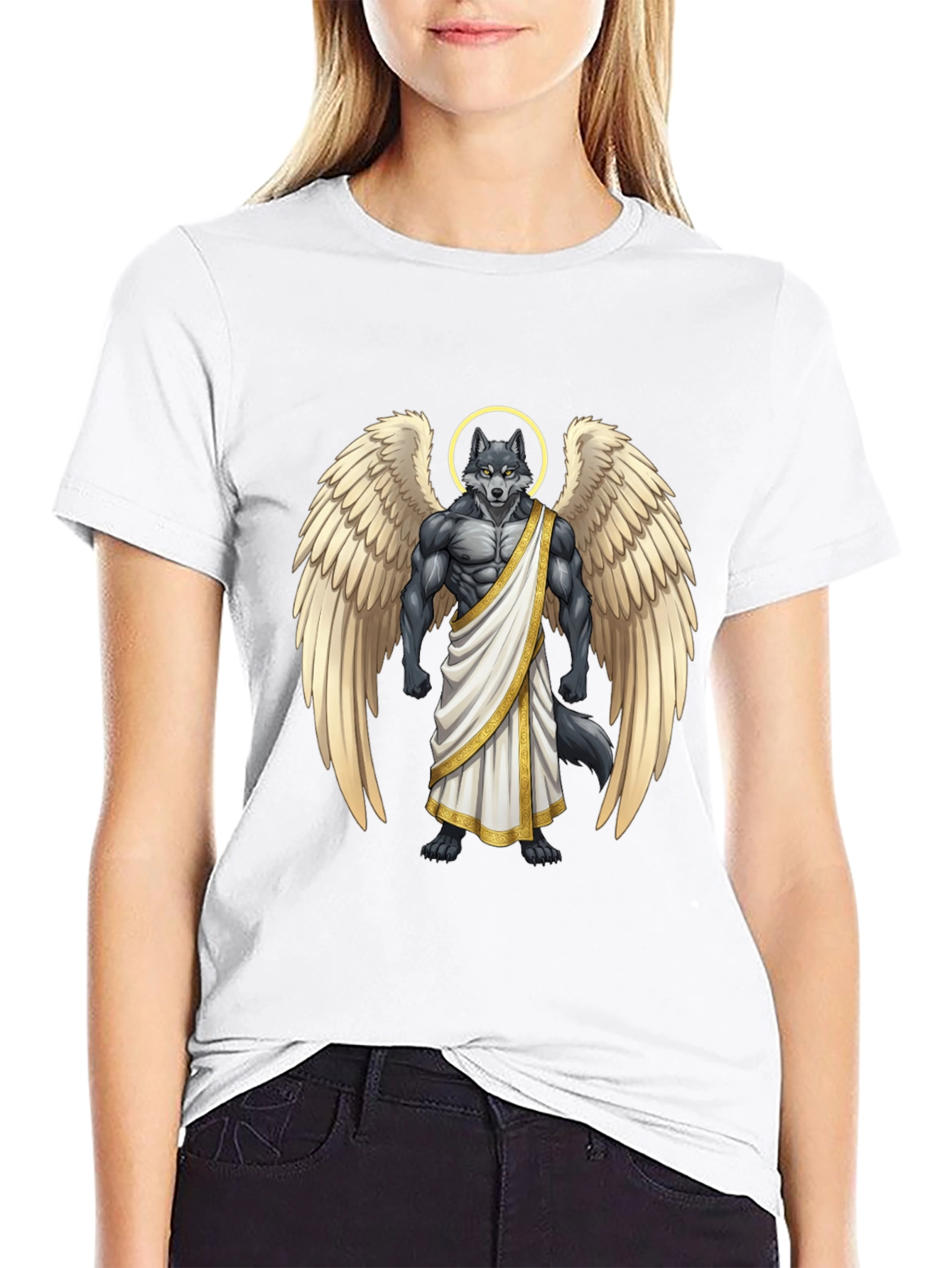 Angel Wolf Graphic Tee - Black Cotton T-Shirt