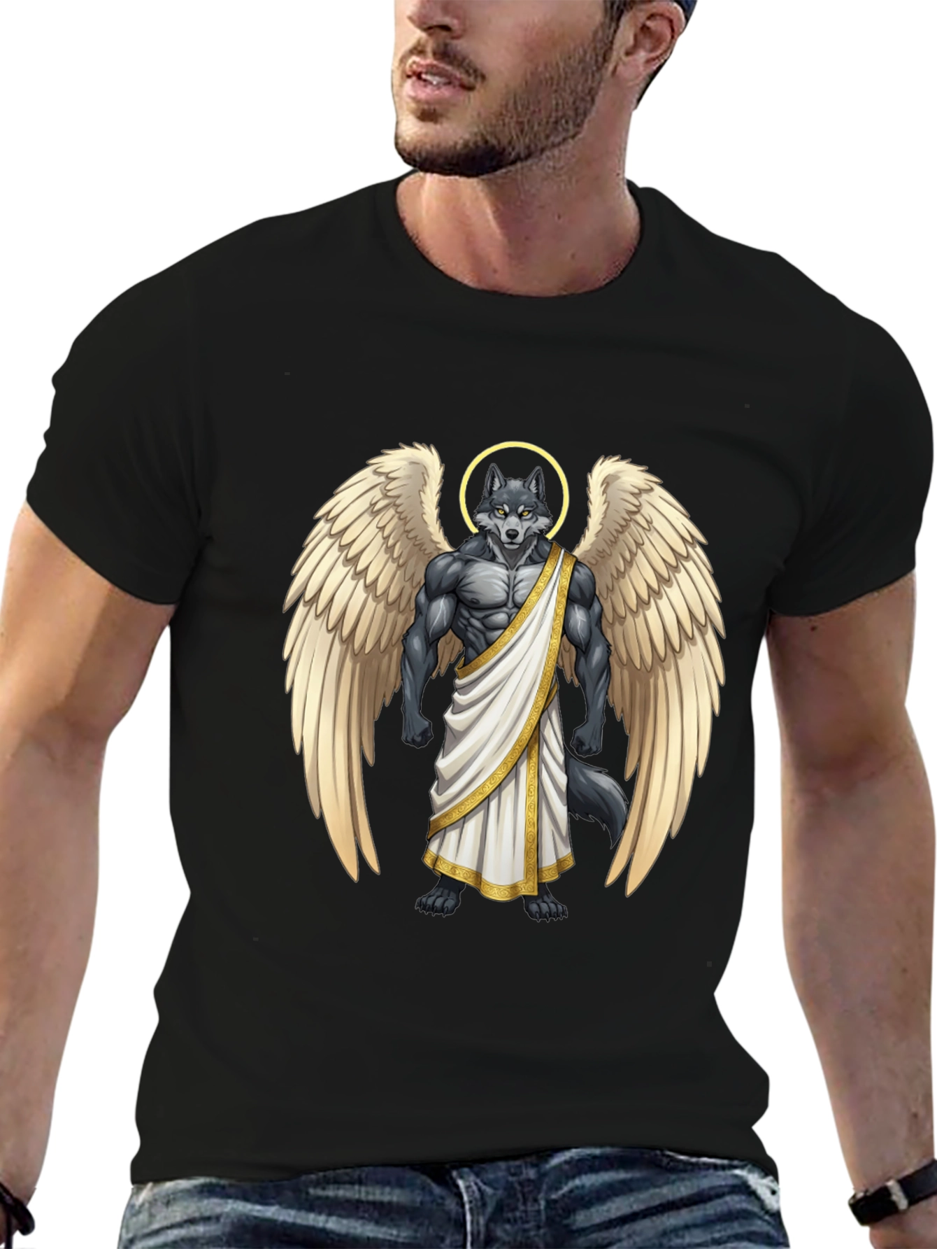Angel Wolf Graphic Tee - Black Cotton T-Shirt