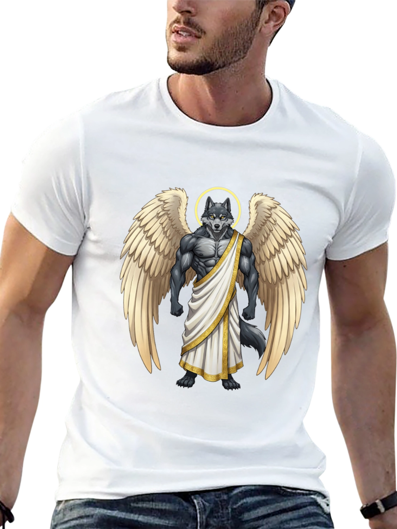 Angel Wolf Graphic Tee - Black Cotton T-Shirt