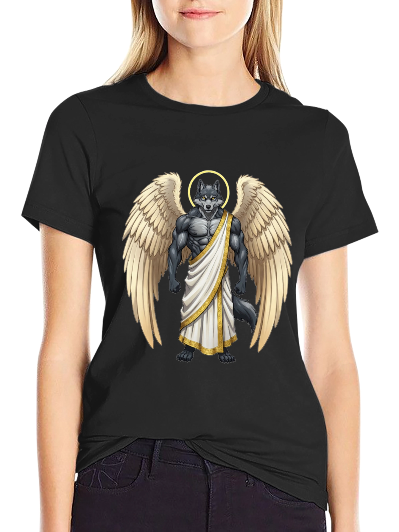 Angel Wolf Graphic Tee - Black Cotton T-Shirt